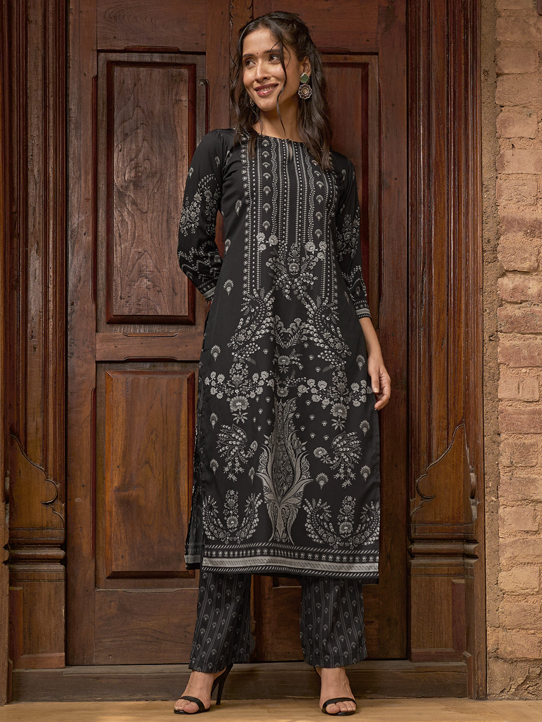 Black Printed Crepe Straight Kurta Set