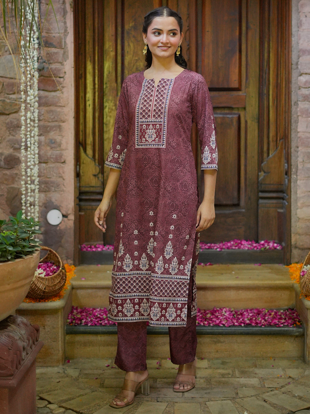 Brown Printed Poly Crepe Straight Kurta With Trousers