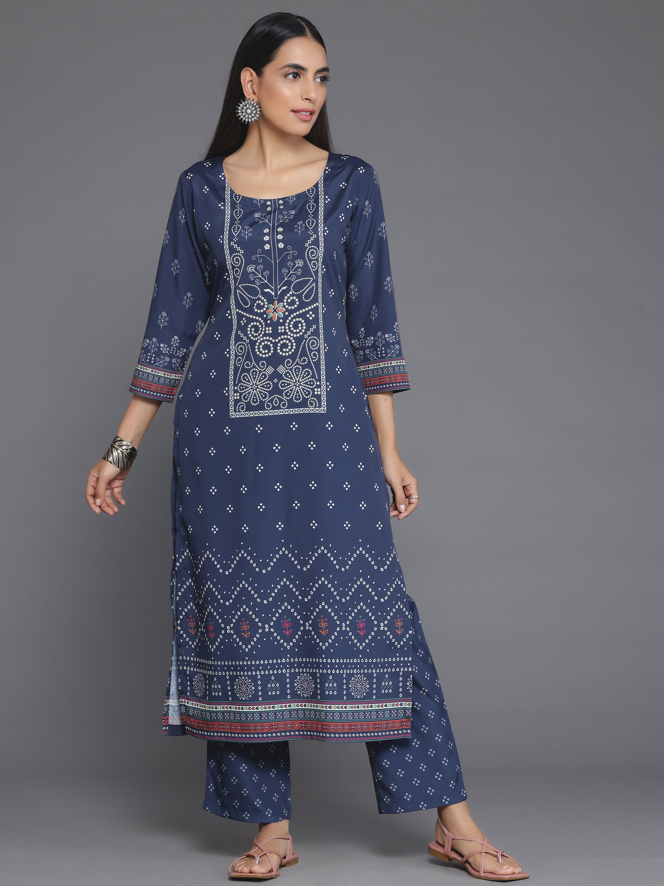 Blue Printed Poly Crepe Straight Kurta Set