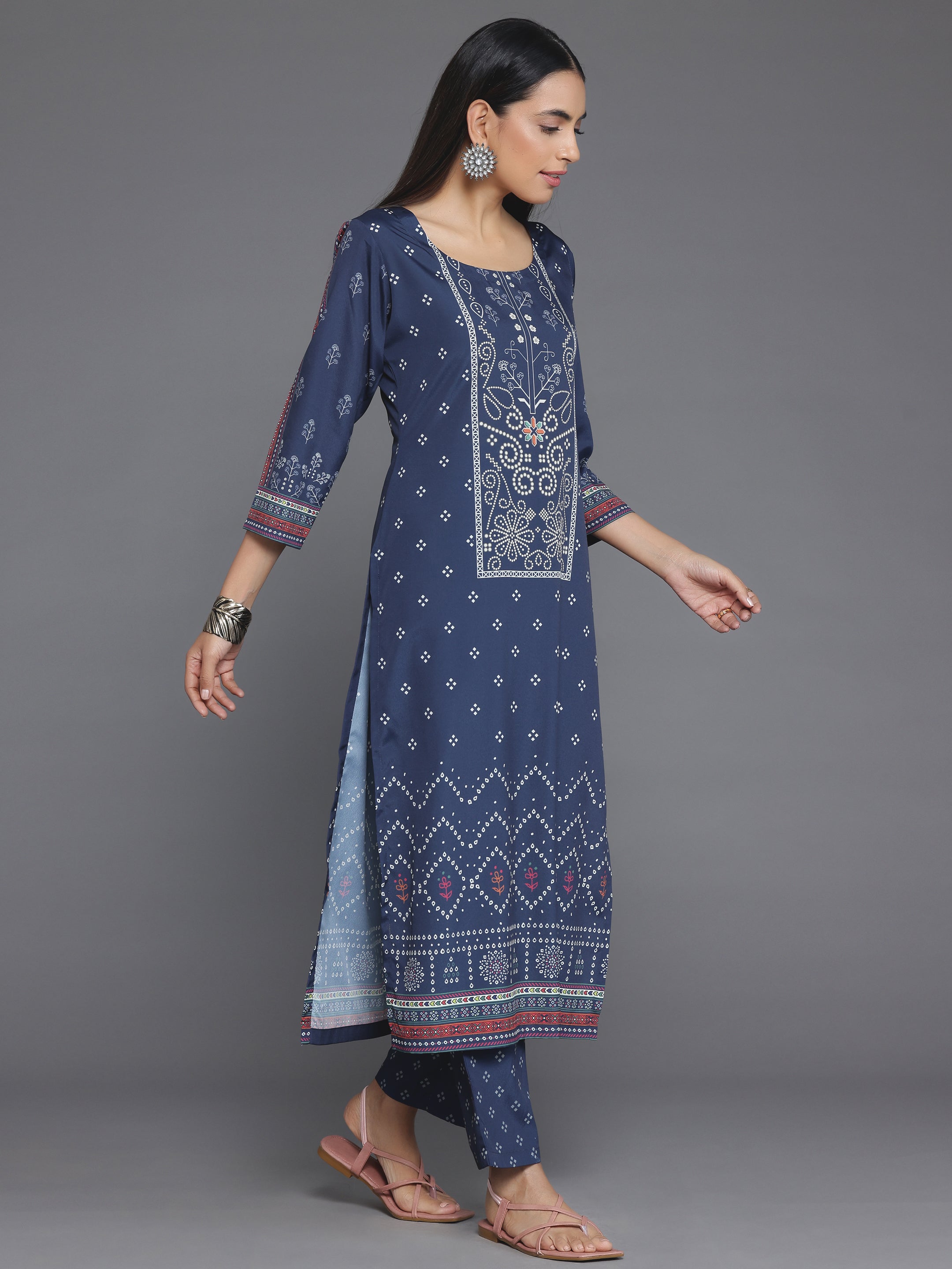 Blue Printed Poly Crepe Straight Kurta Set