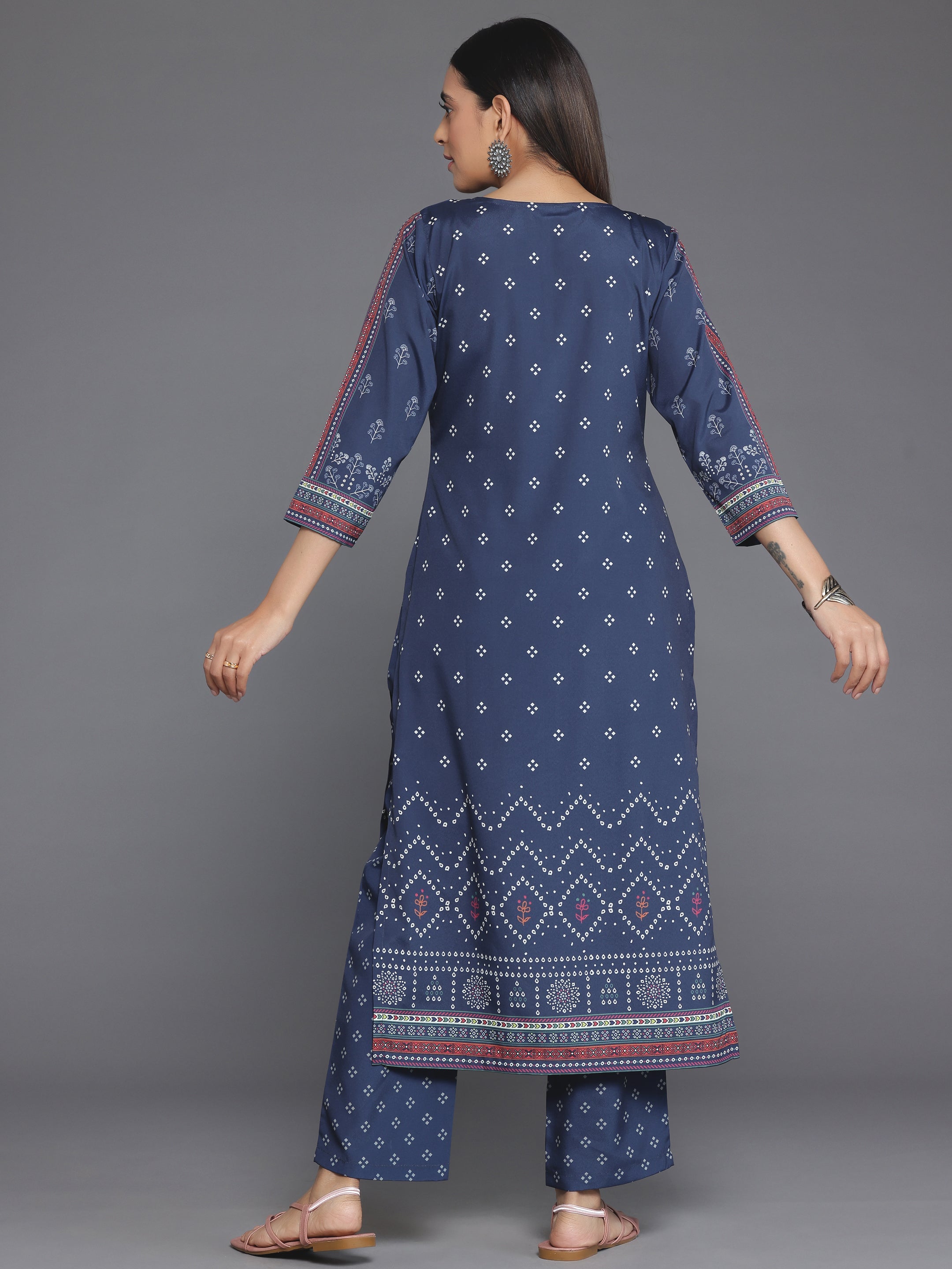 Blue Printed Poly Crepe Straight Kurta Set