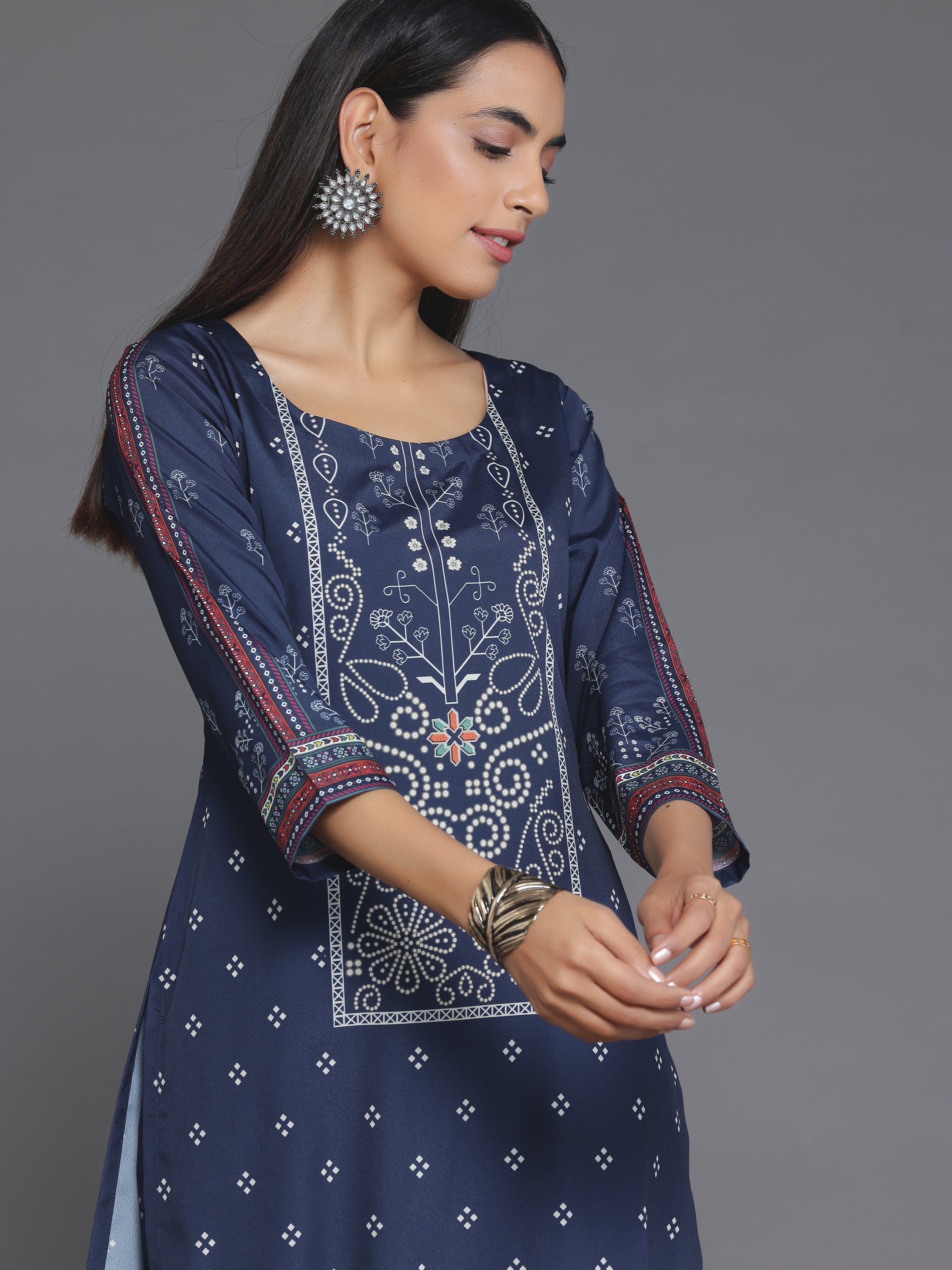 Blue Printed Poly Crepe Straight Kurta Set