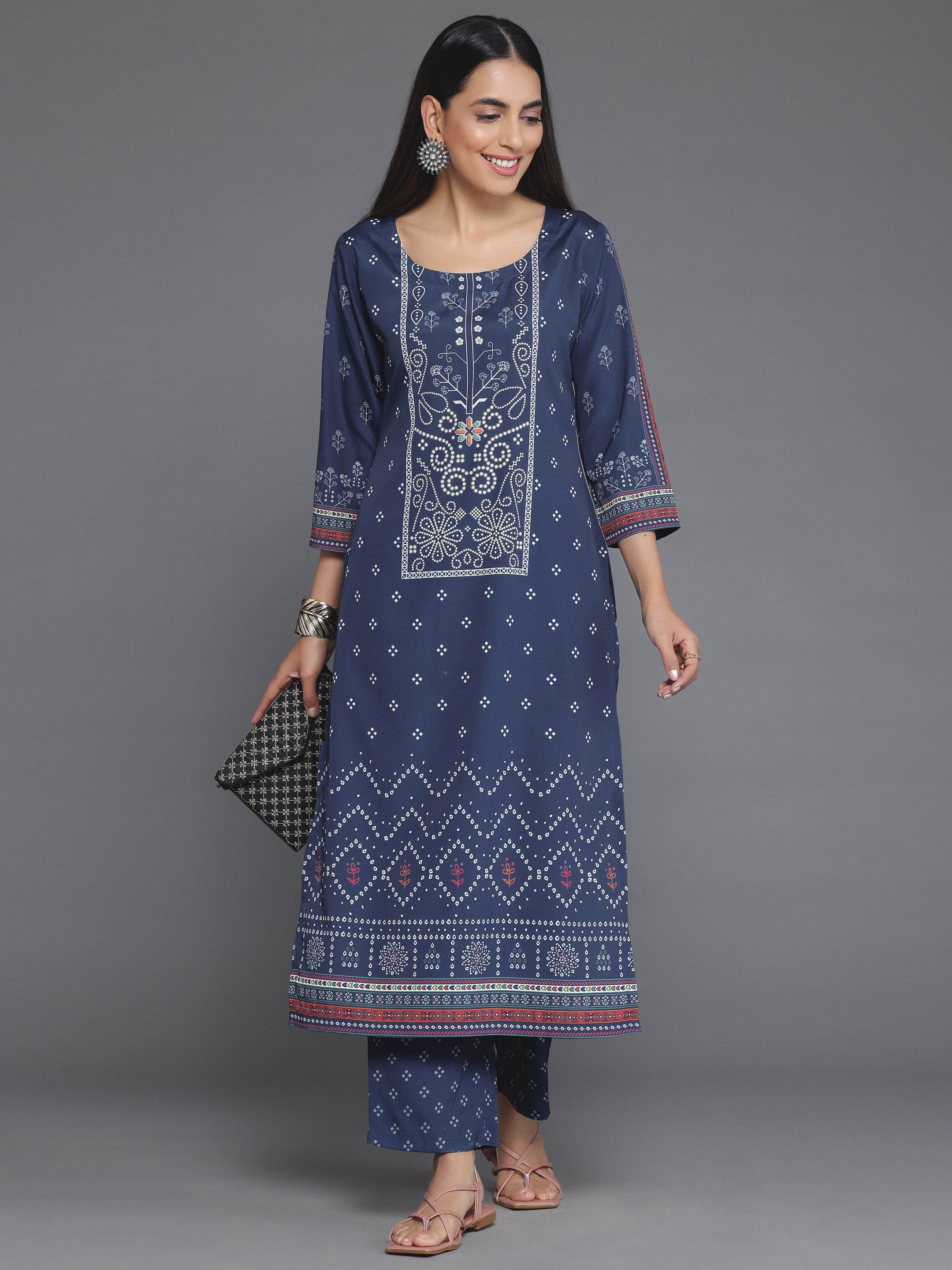 Blue Printed Poly Crepe Straight Kurta Set