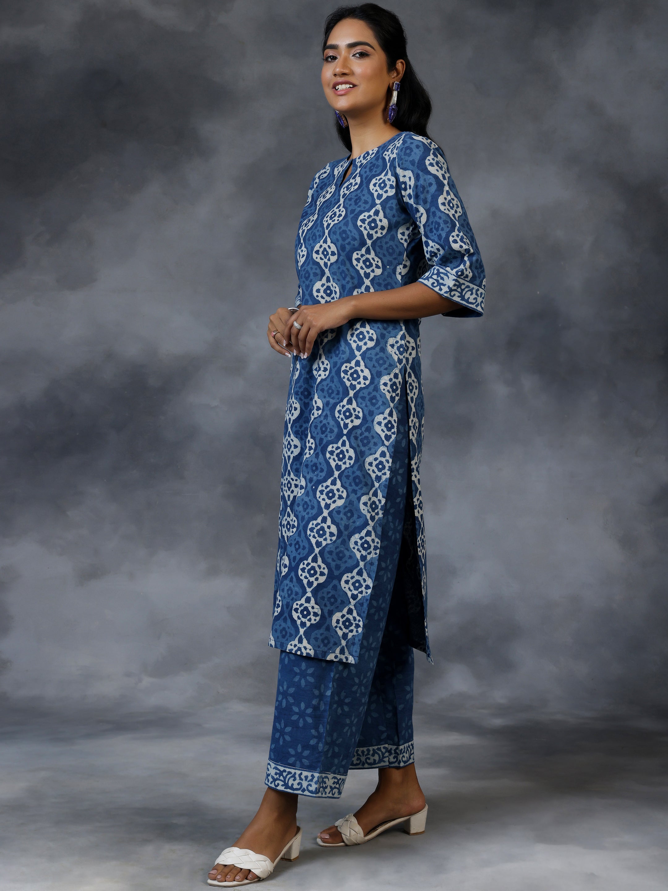 Blue Printed Cotton Straight Suit With Dupatta