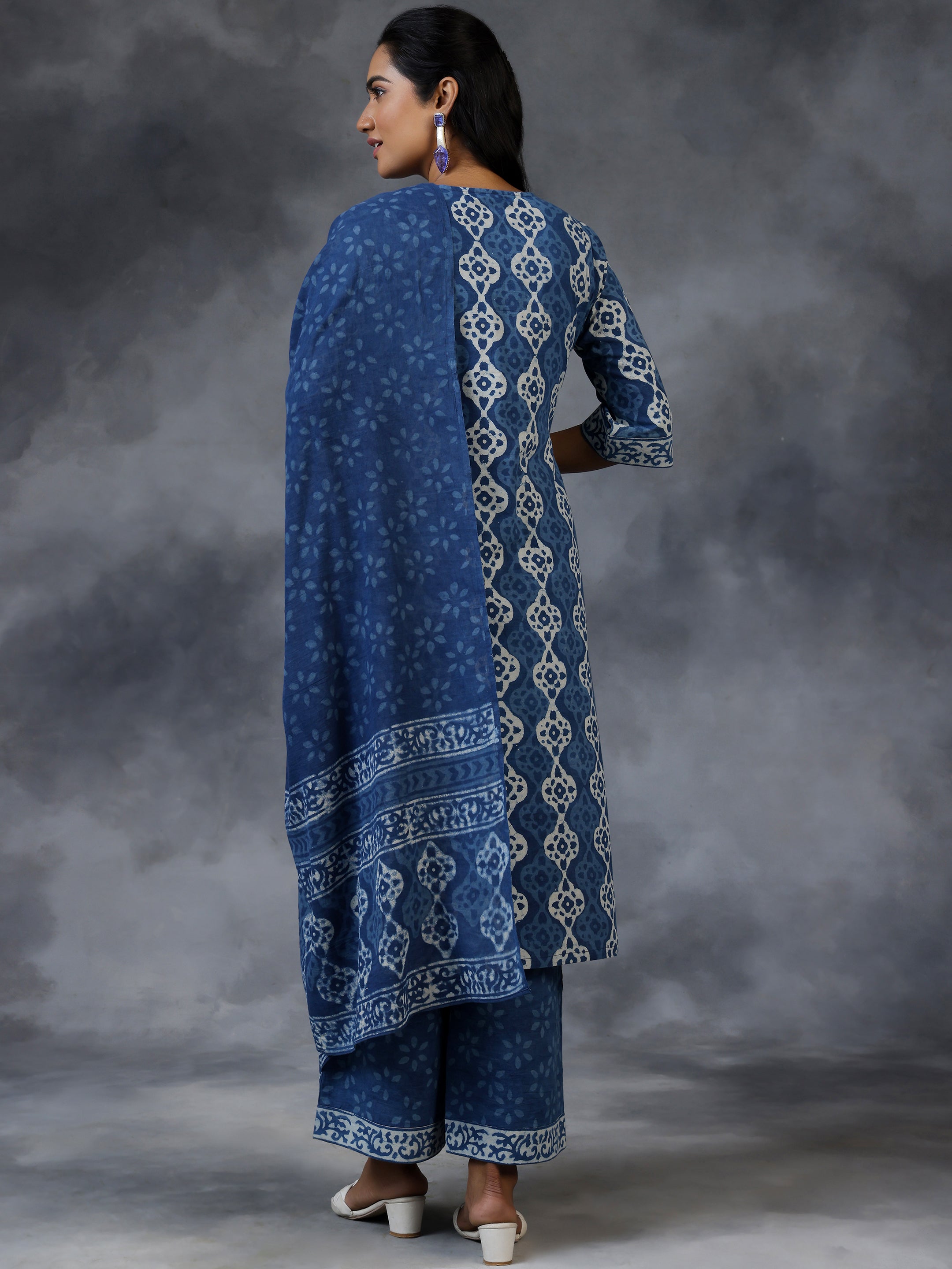 Blue Printed Cotton Straight Suit With Dupatta