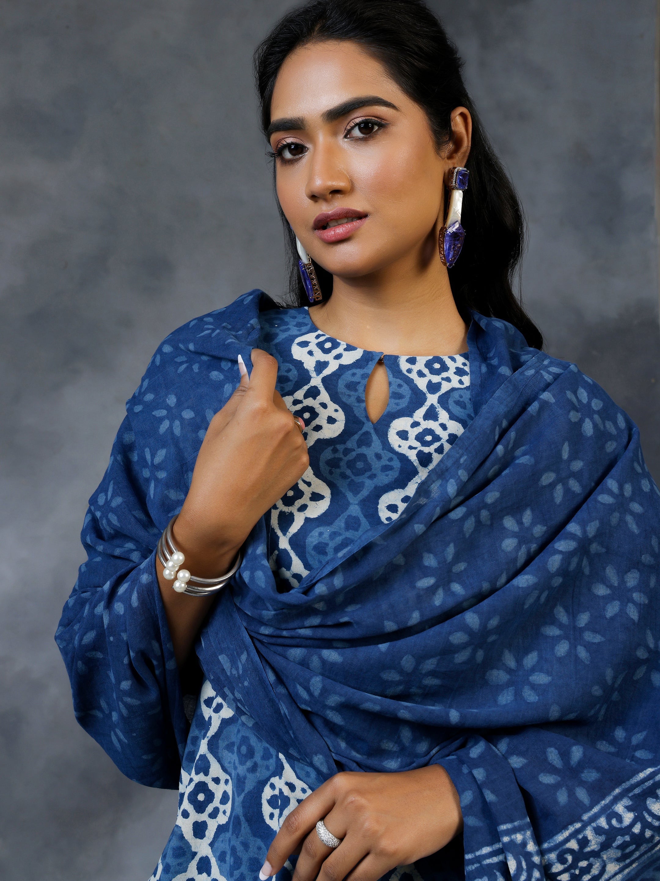 Blue Printed Cotton Straight Suit With Dupatta