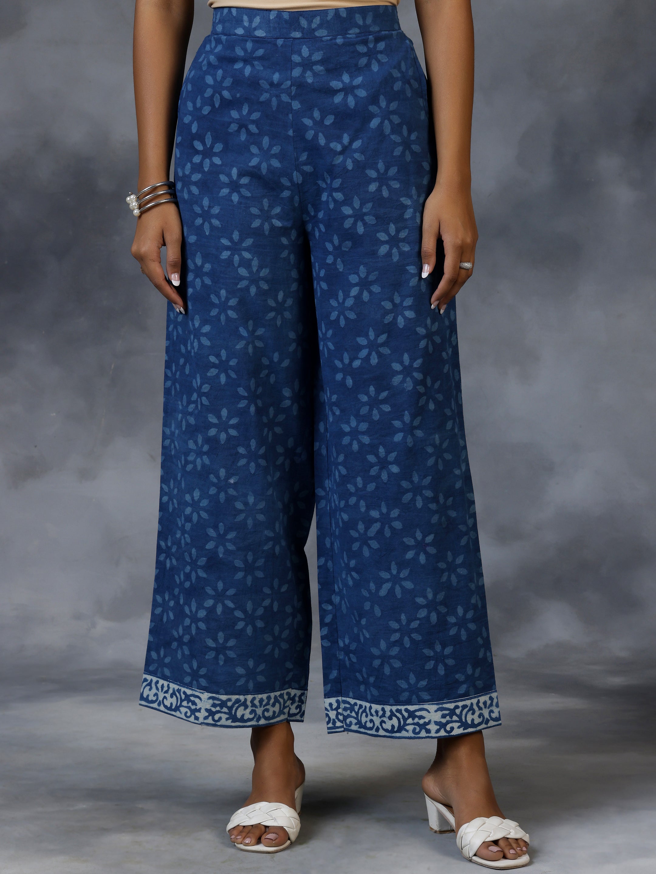 Blue Printed Cotton Straight Suit With Dupatta