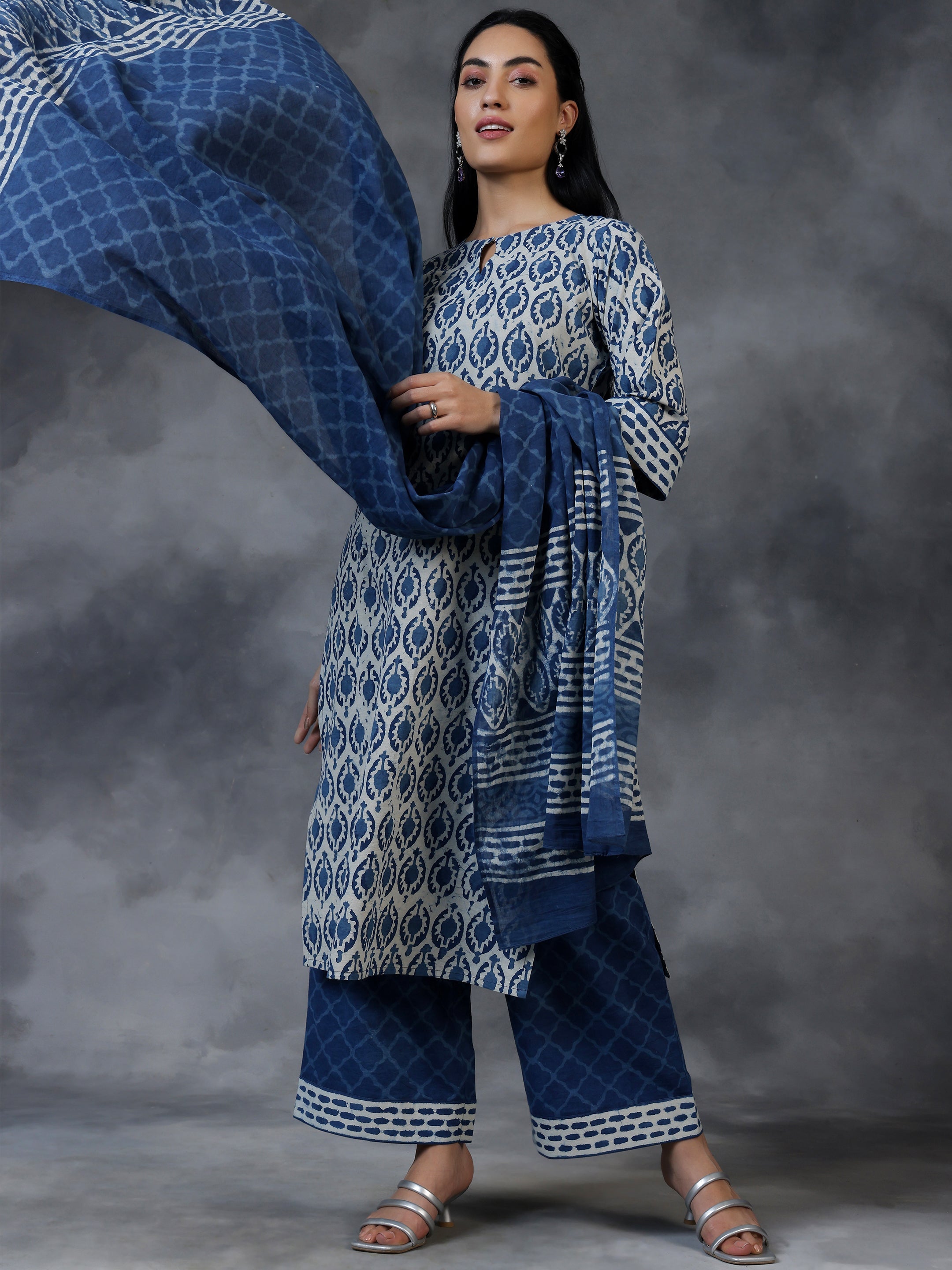 Blue Printed Cotton Straight Suit With Dupatta