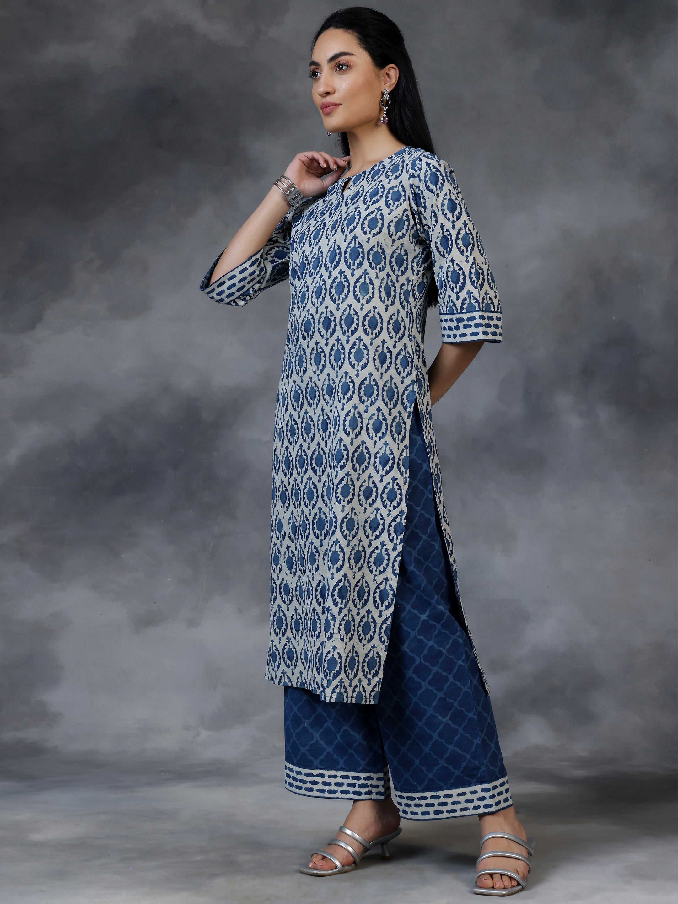 Blue Printed Cotton Straight Suit With Dupatta