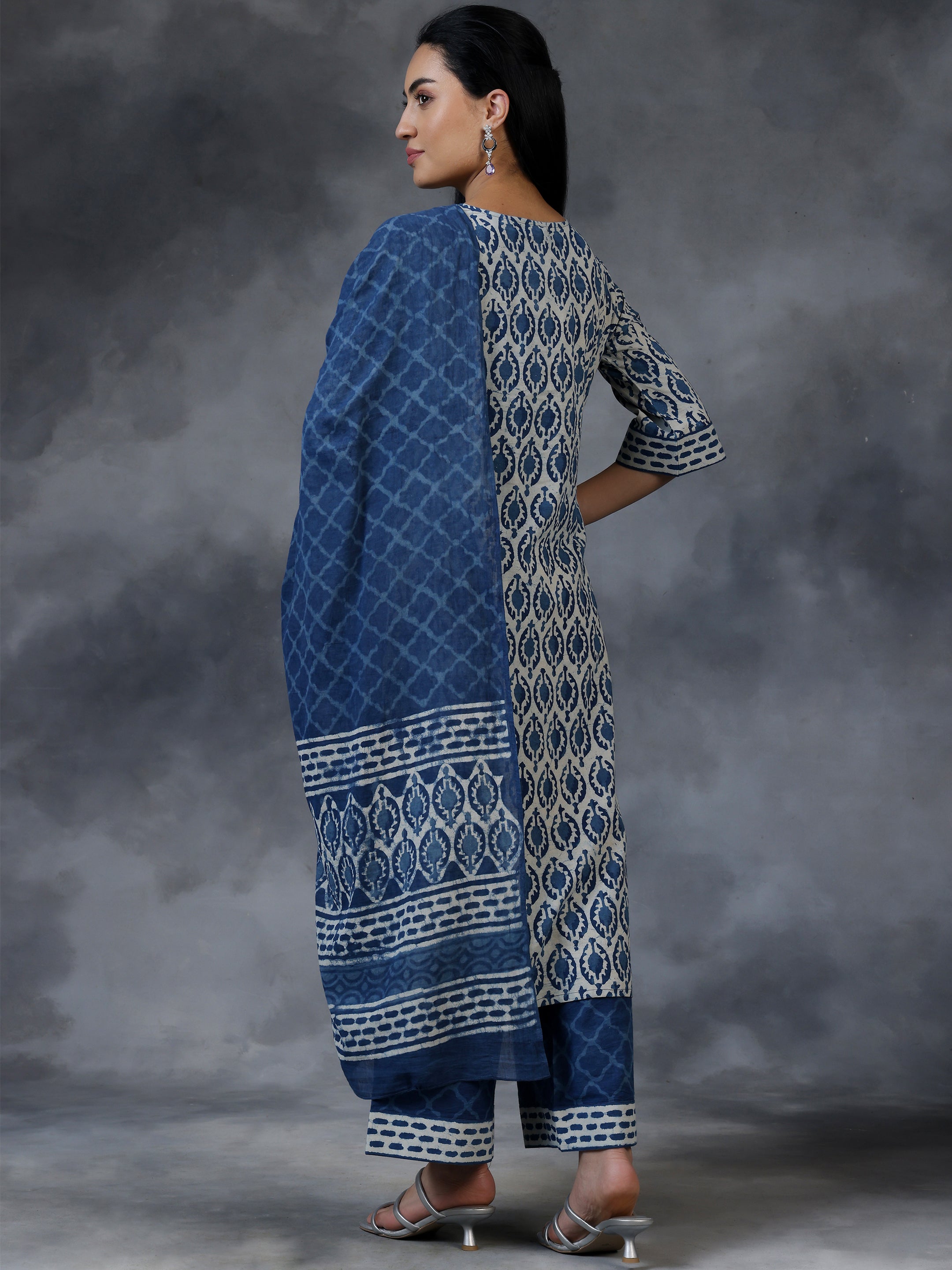 Blue Printed Cotton Straight Suit With Dupatta