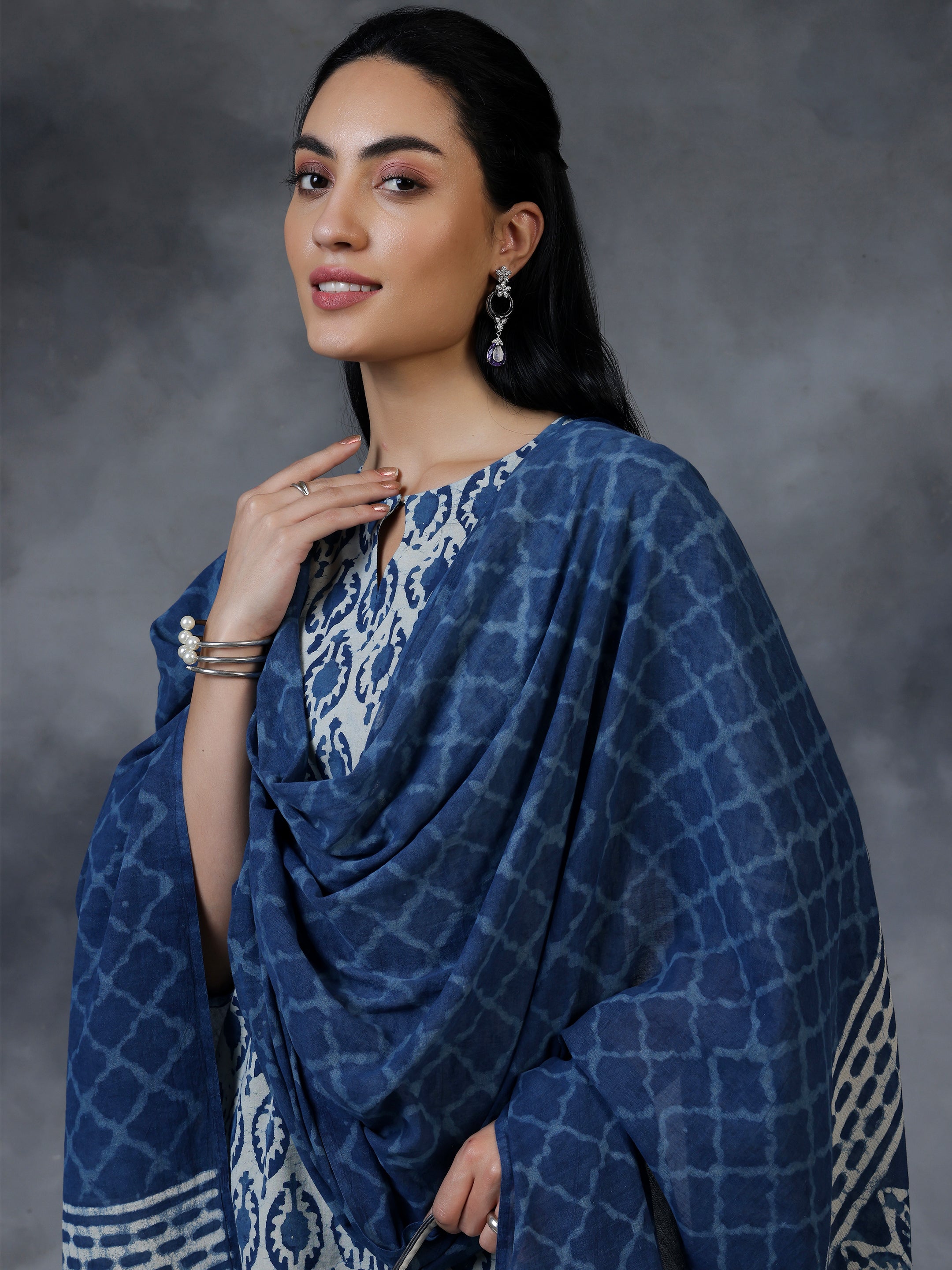 Blue Printed Cotton Straight Suit With Dupatta