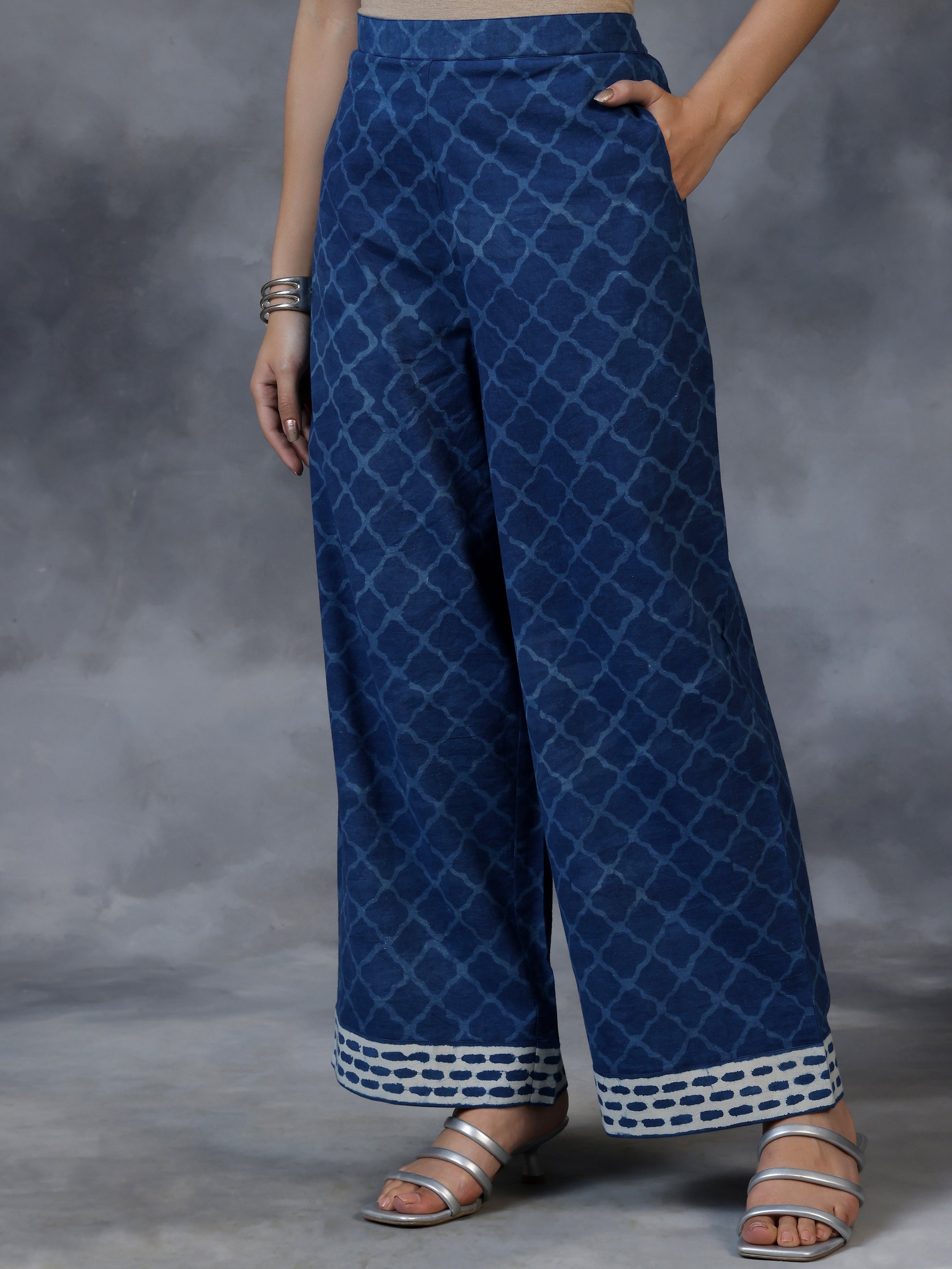 Blue Printed Cotton Straight Suit With Dupatta