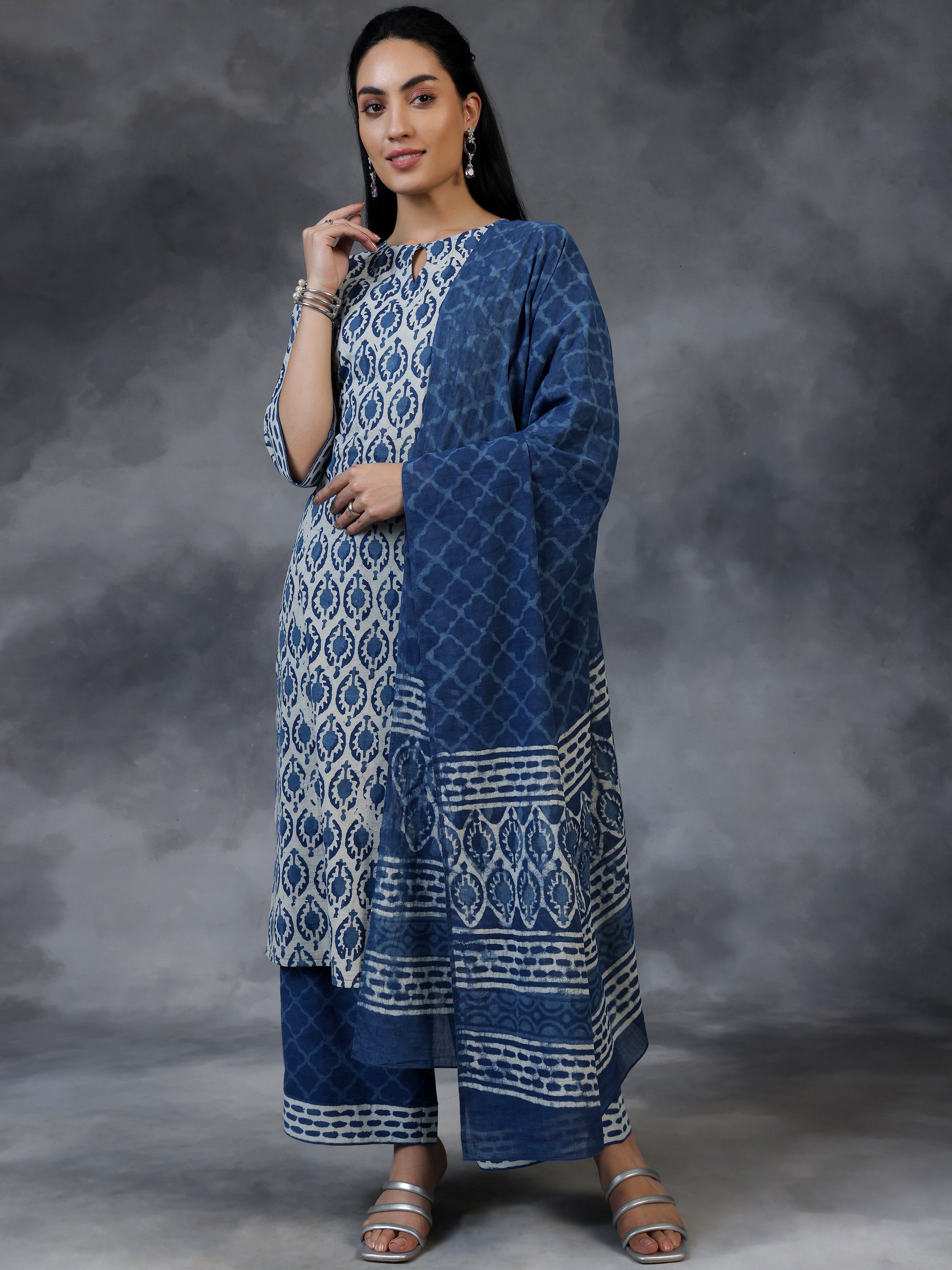 Blue Printed Cotton Straight Suit With Dupatta