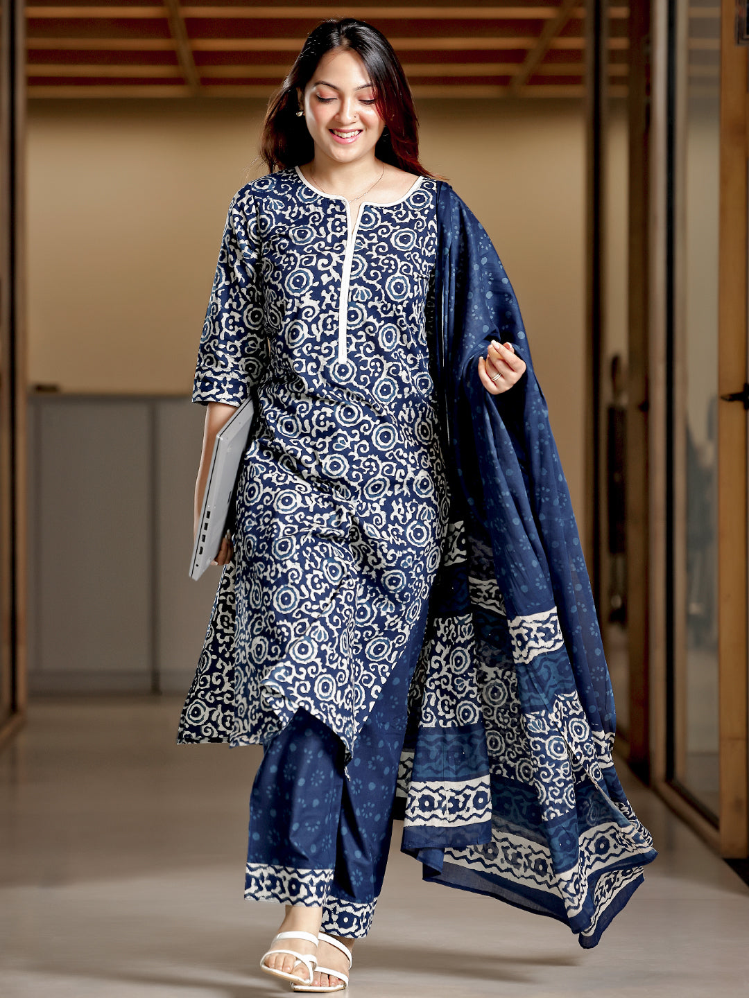 Blue Printed Cotton Straight Suit With Dupatta