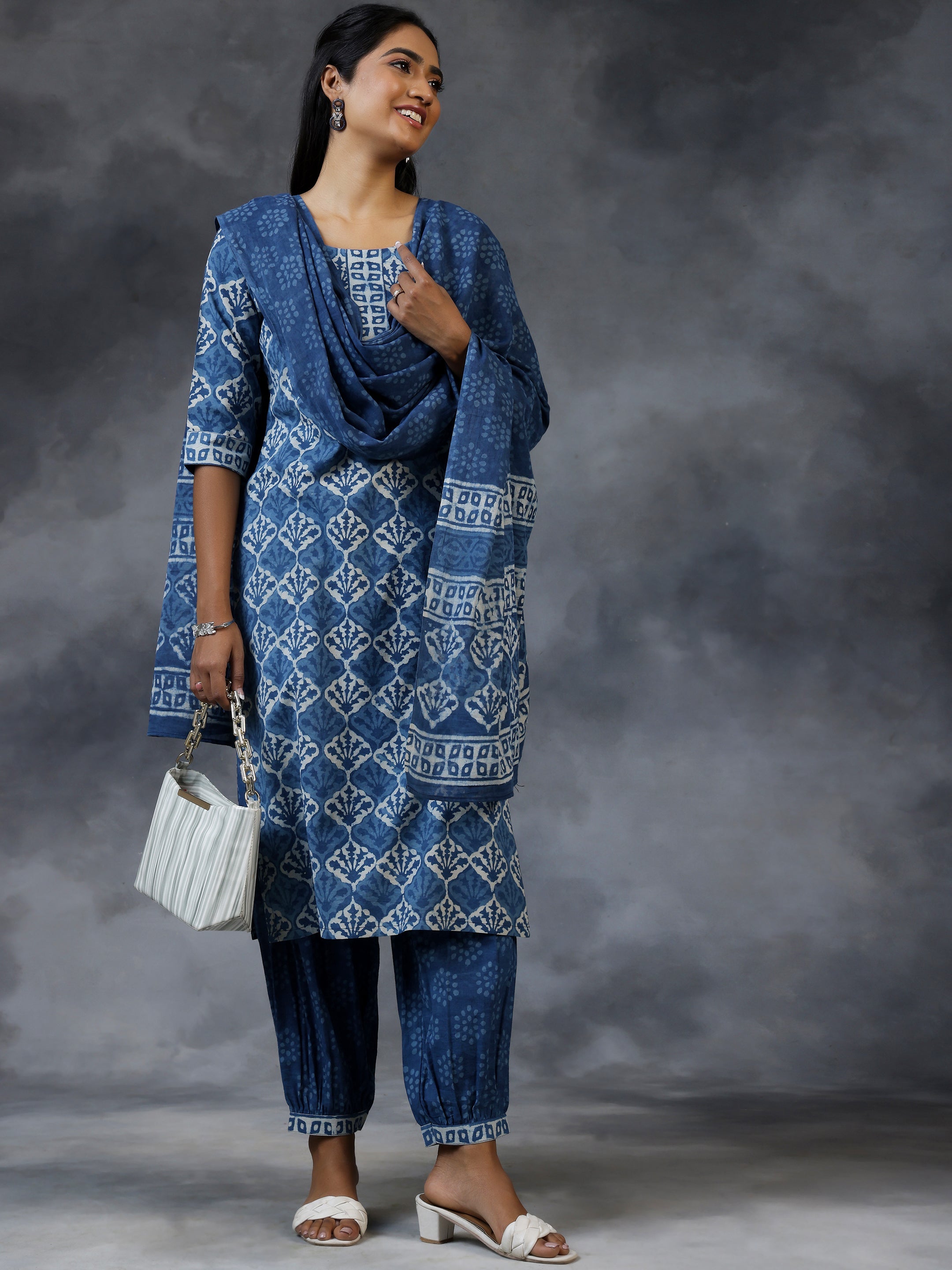 Blue Printed Cotton Straight Suit With Dupatta