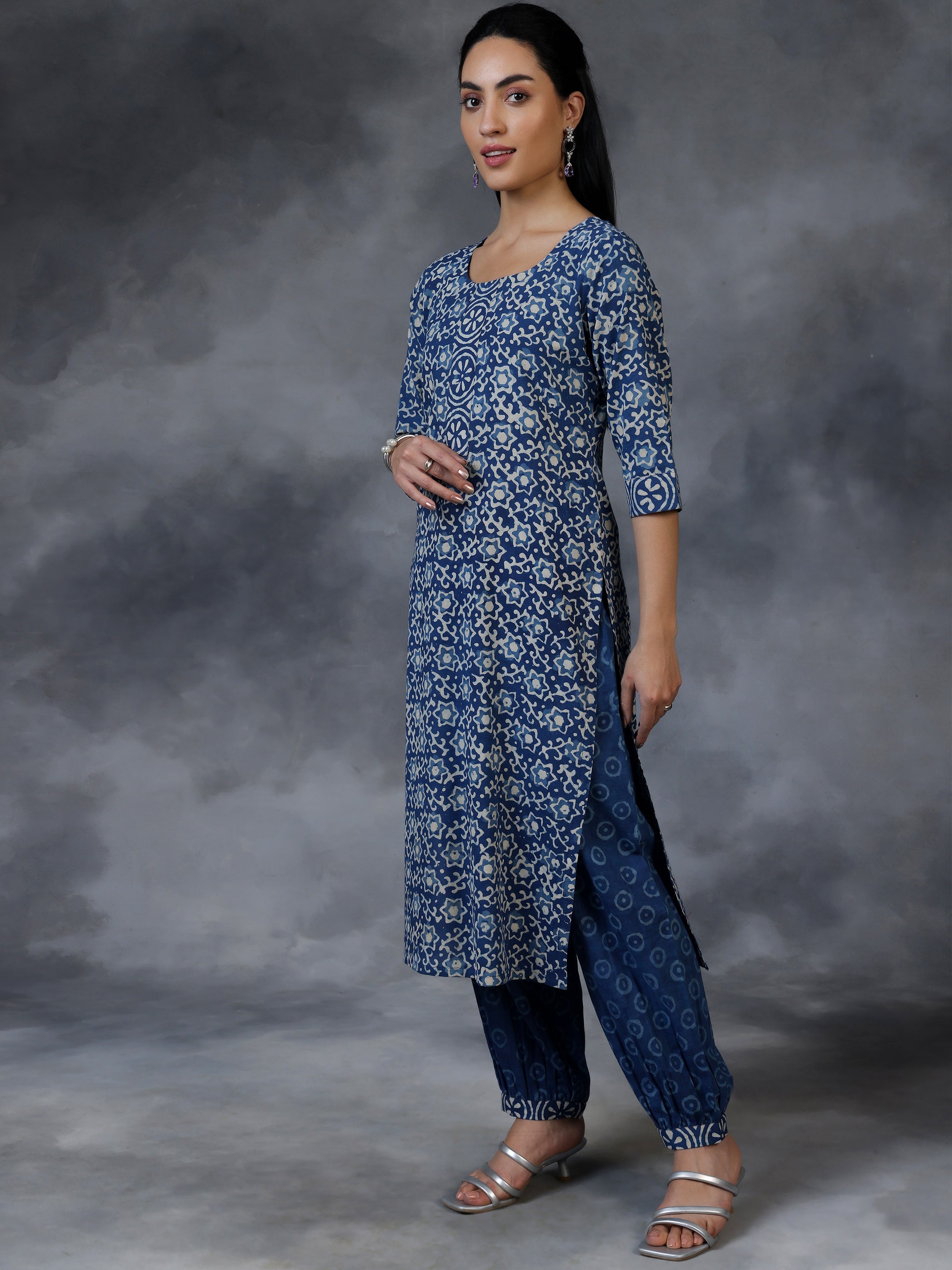 Blue Printed Cotton Straight Suit With Dupatta