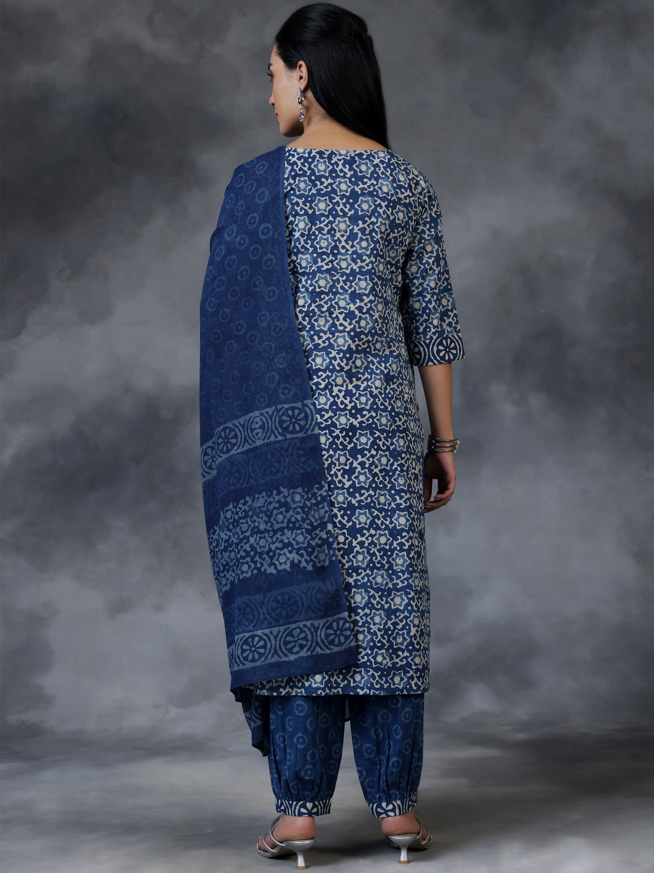 Blue Printed Cotton Straight Suit With Dupatta