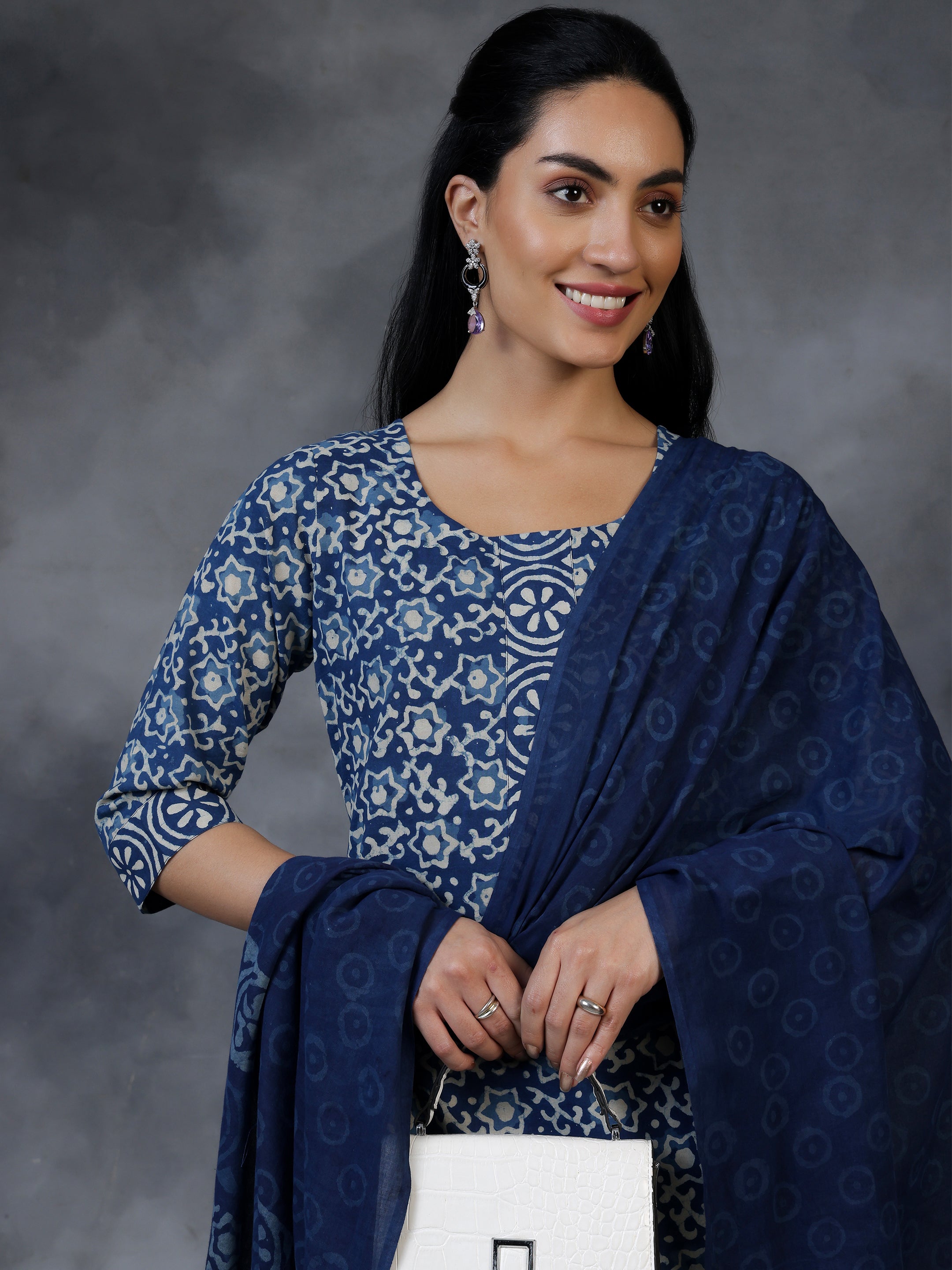 Blue Printed Cotton Straight Suit With Dupatta