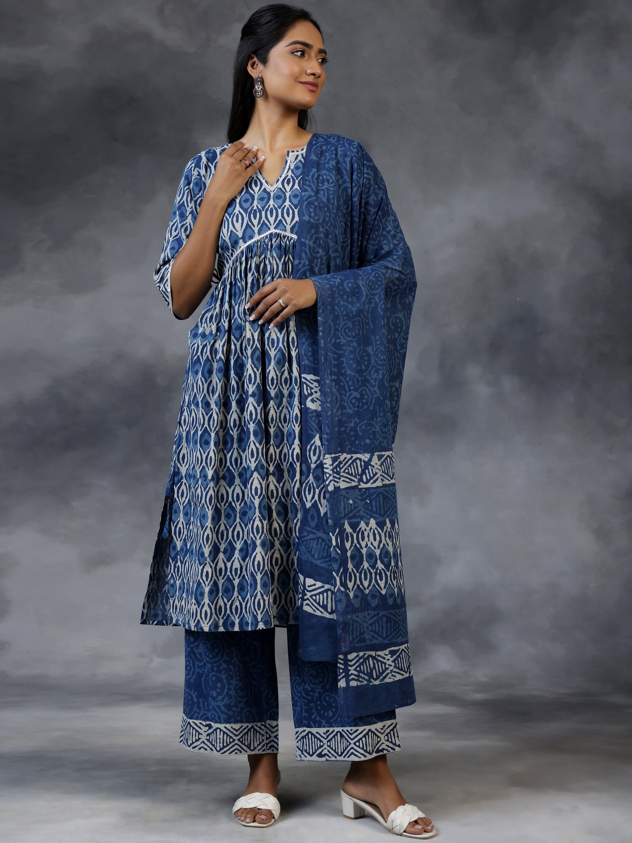 Blue Printed Cotton A-Line Kurta With Palazzos & Dupatta