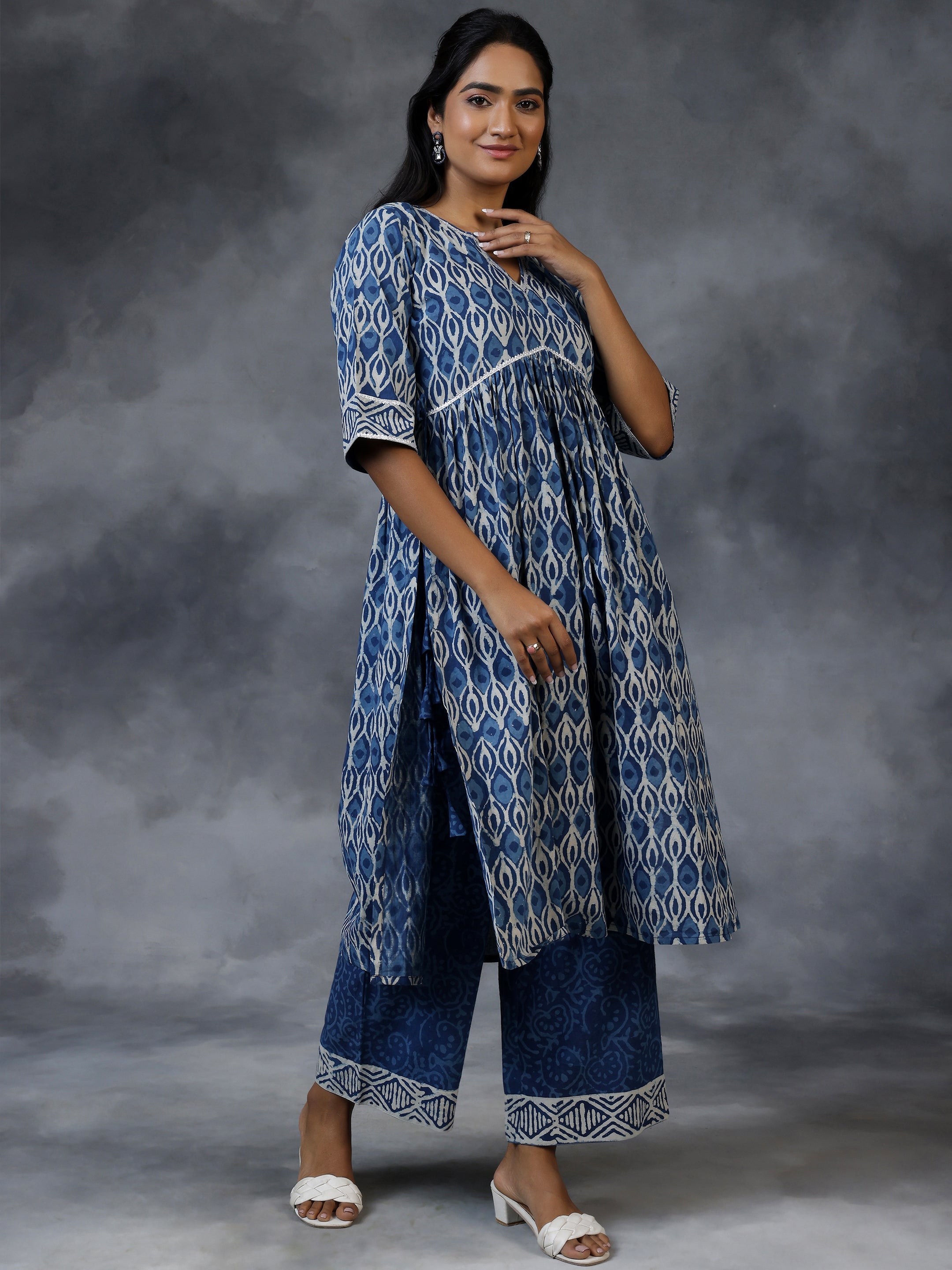 Blue Printed Cotton A-Line Kurta With Palazzos & Dupatta