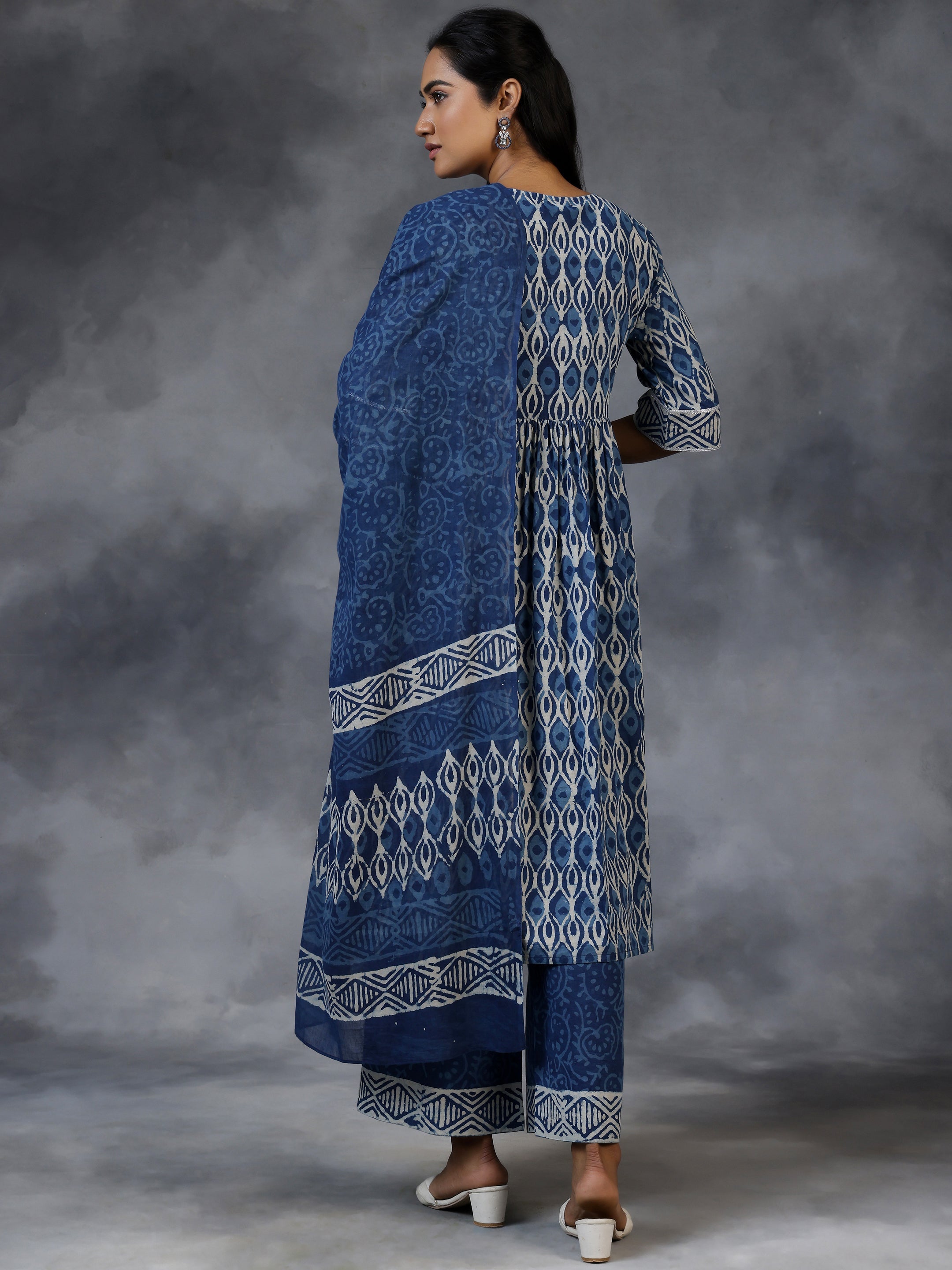 Blue Printed Cotton A-Line Kurta With Palazzos & Dupatta