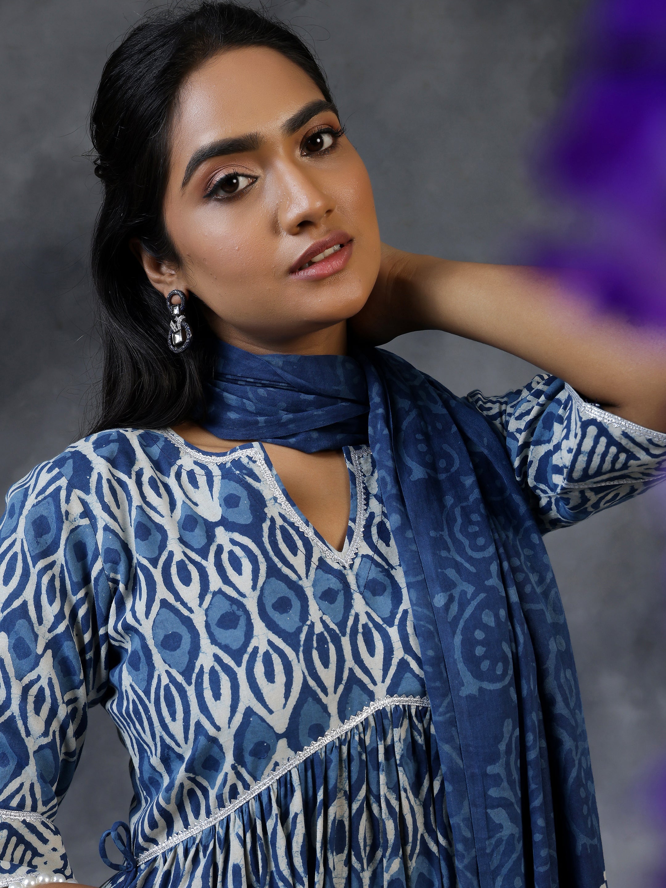 Blue Printed Cotton A-Line Kurta With Palazzos & Dupatta