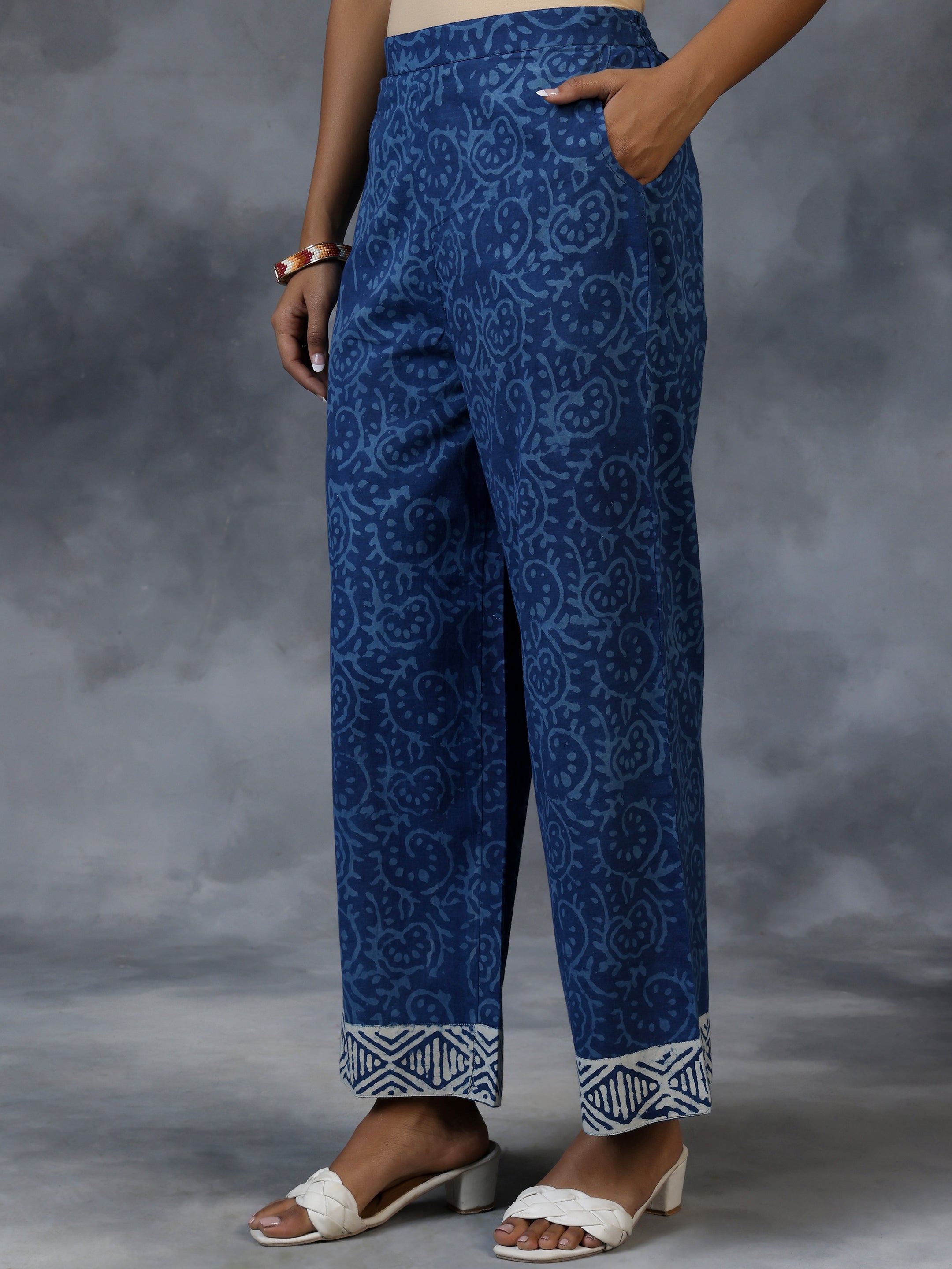 Blue Printed Cotton A-Line Kurta With Palazzos & Dupatta