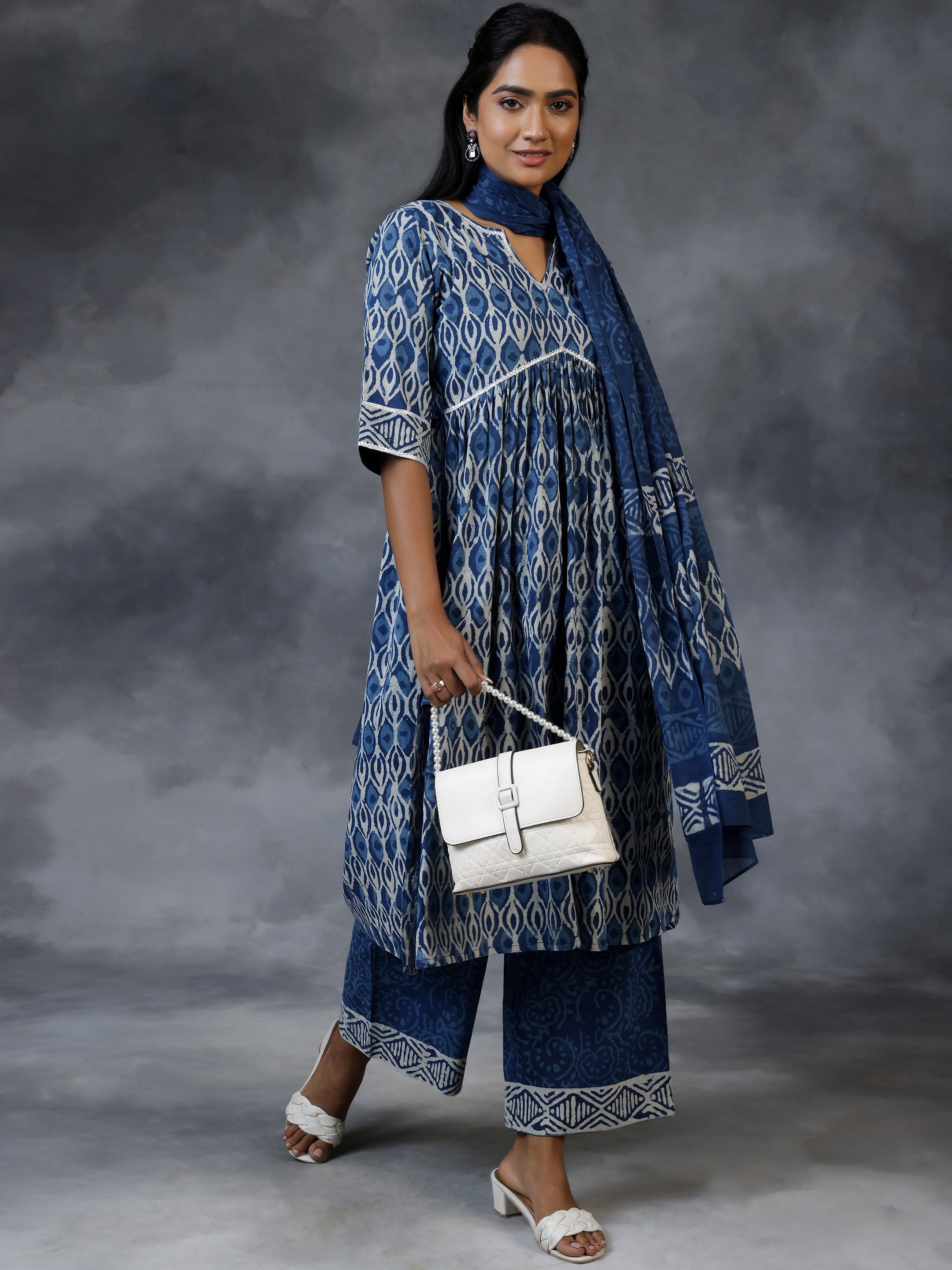 Blue Printed Cotton A-Line Kurta With Palazzos & Dupatta