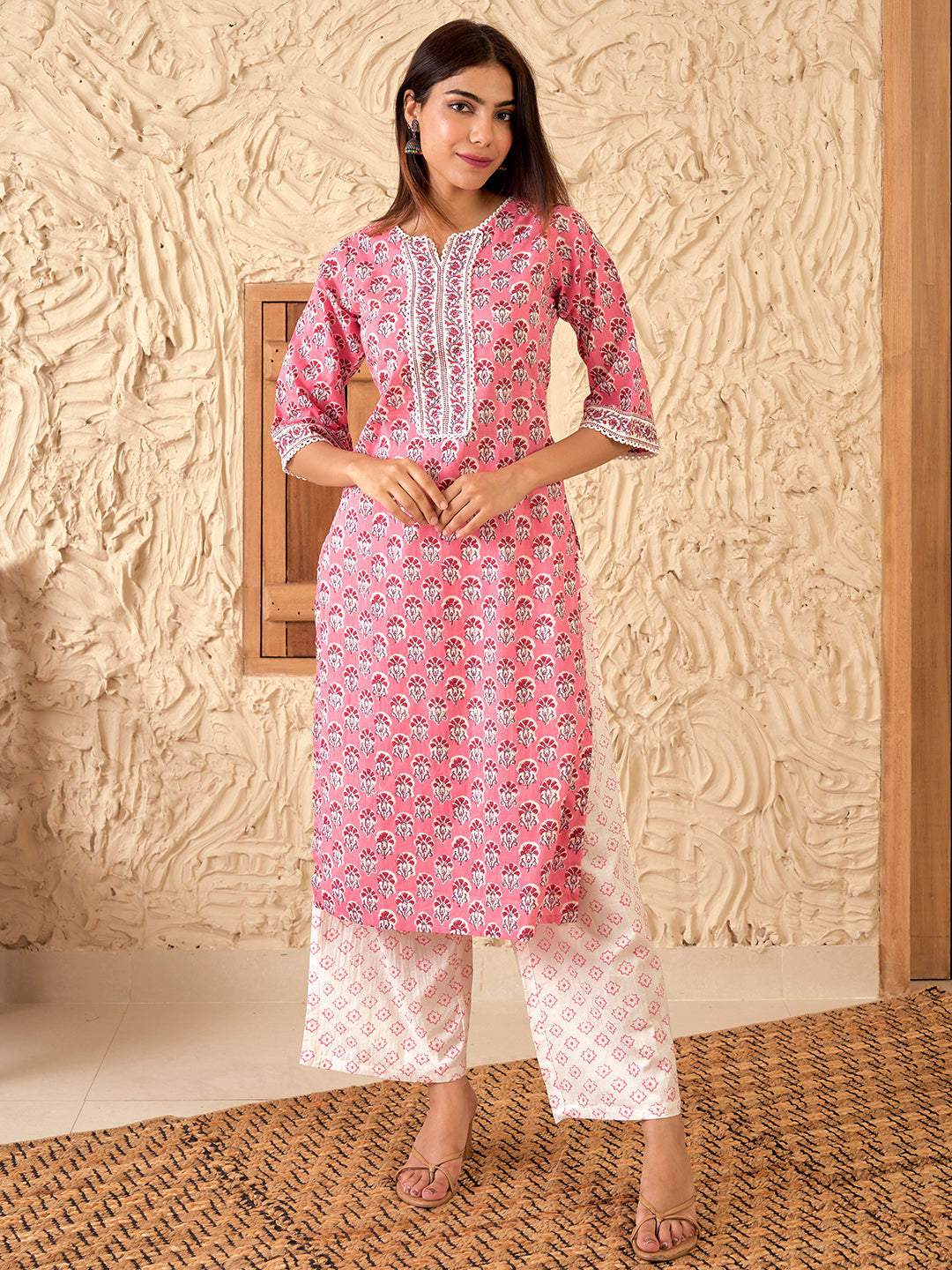 Peach Printed Cotton Straight Kurta With Palazzos