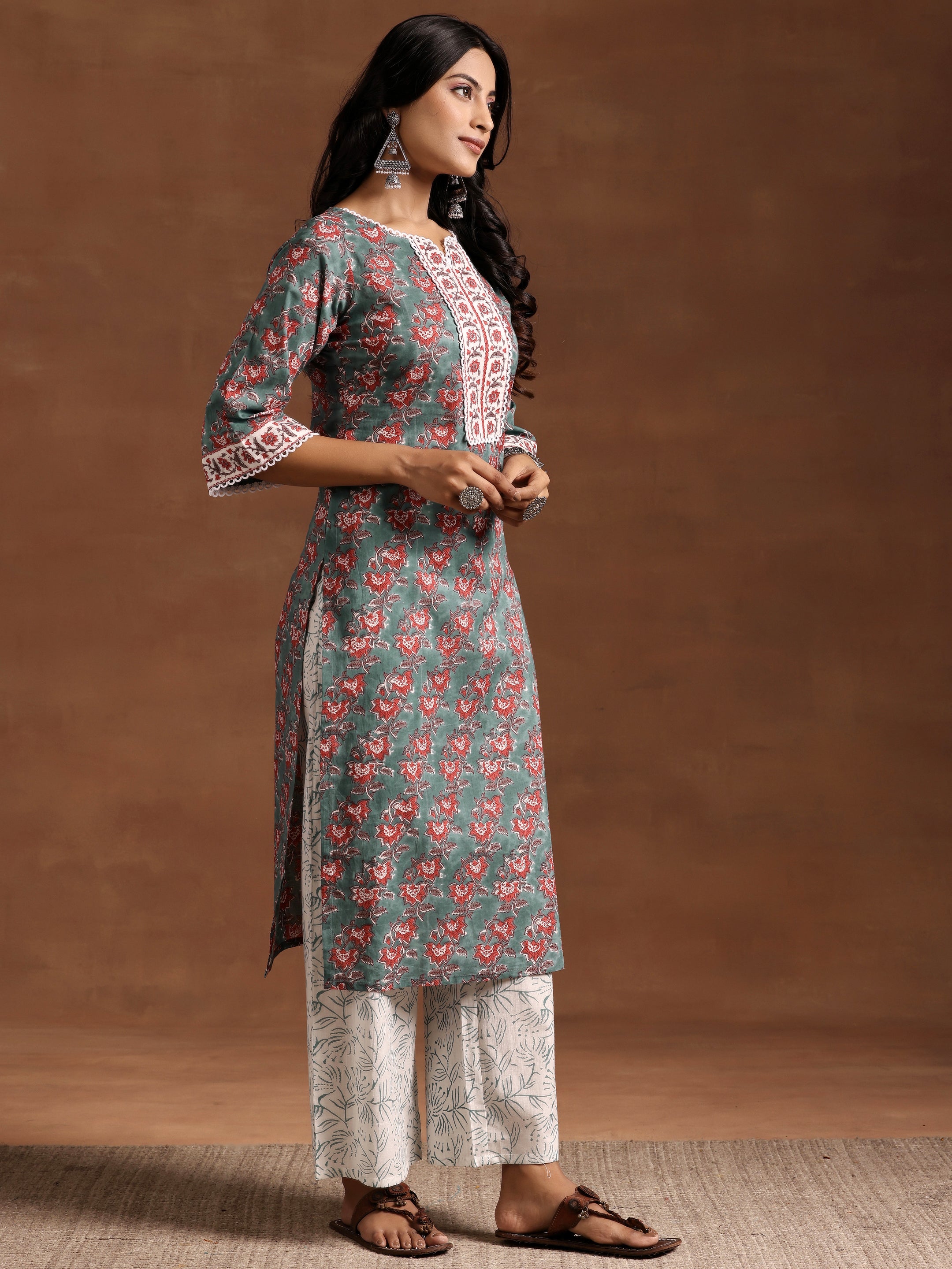 Green Printed Cotton Straight Kurta Set