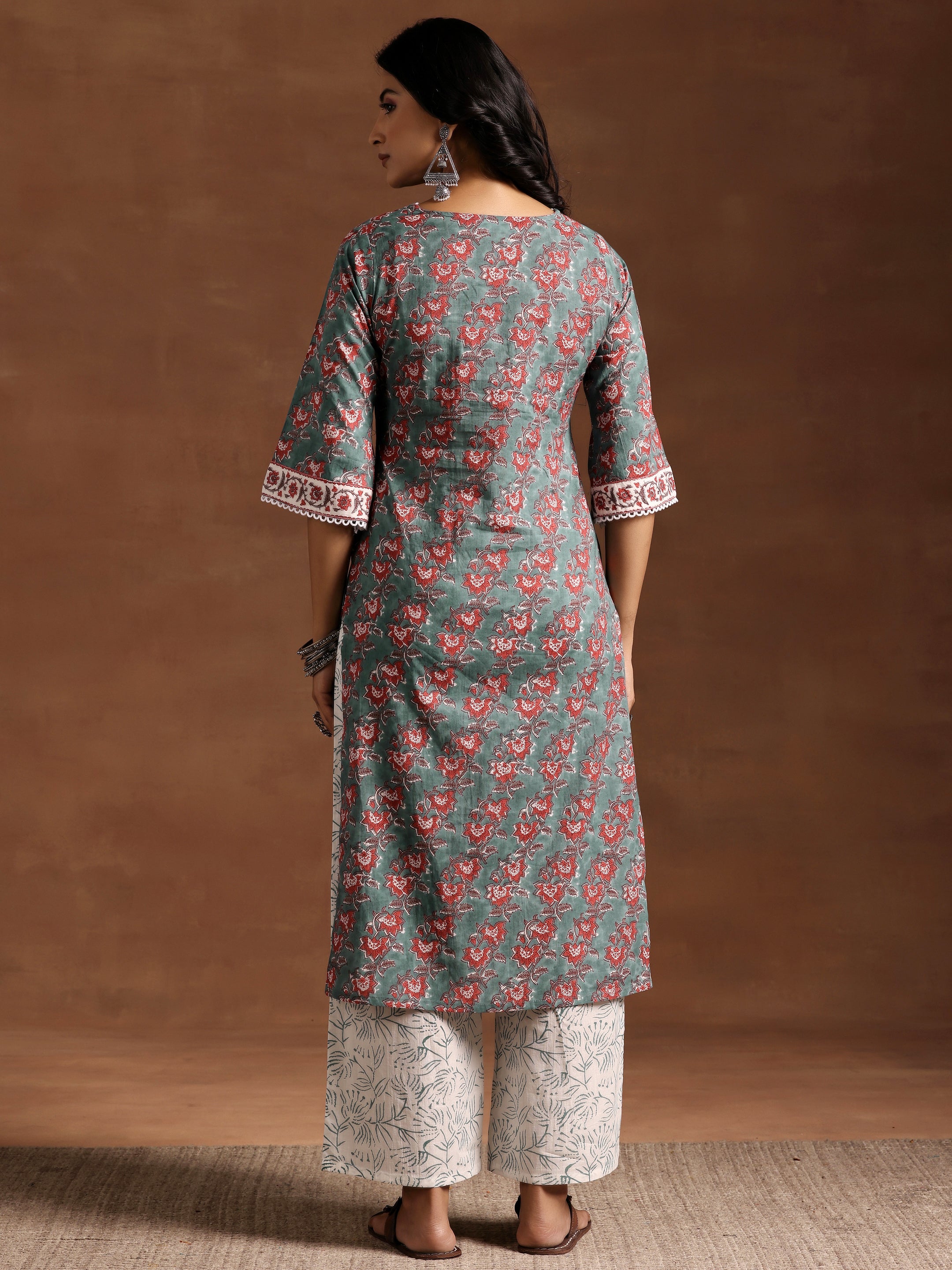 Green Printed Cotton Straight Kurta Set