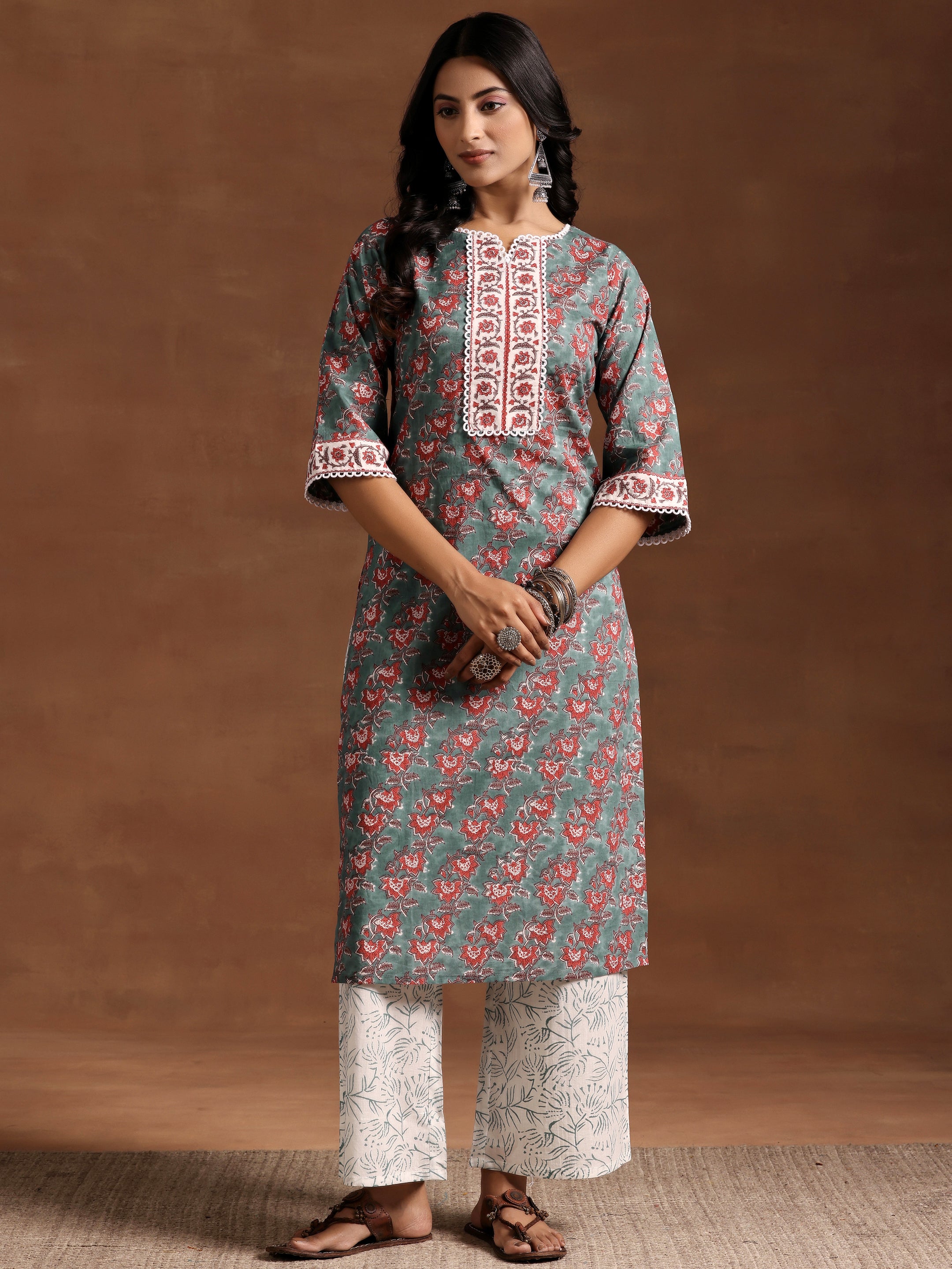 Green Printed Cotton Straight Kurta Set