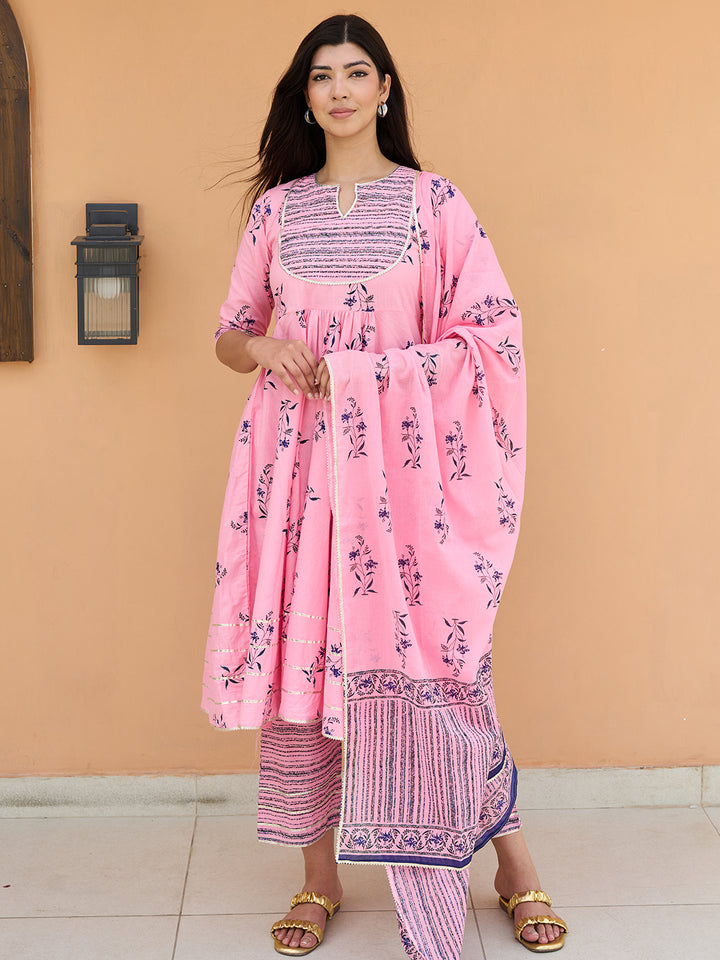 Pink Printed Cotton Anarkali Suit With Dupatta