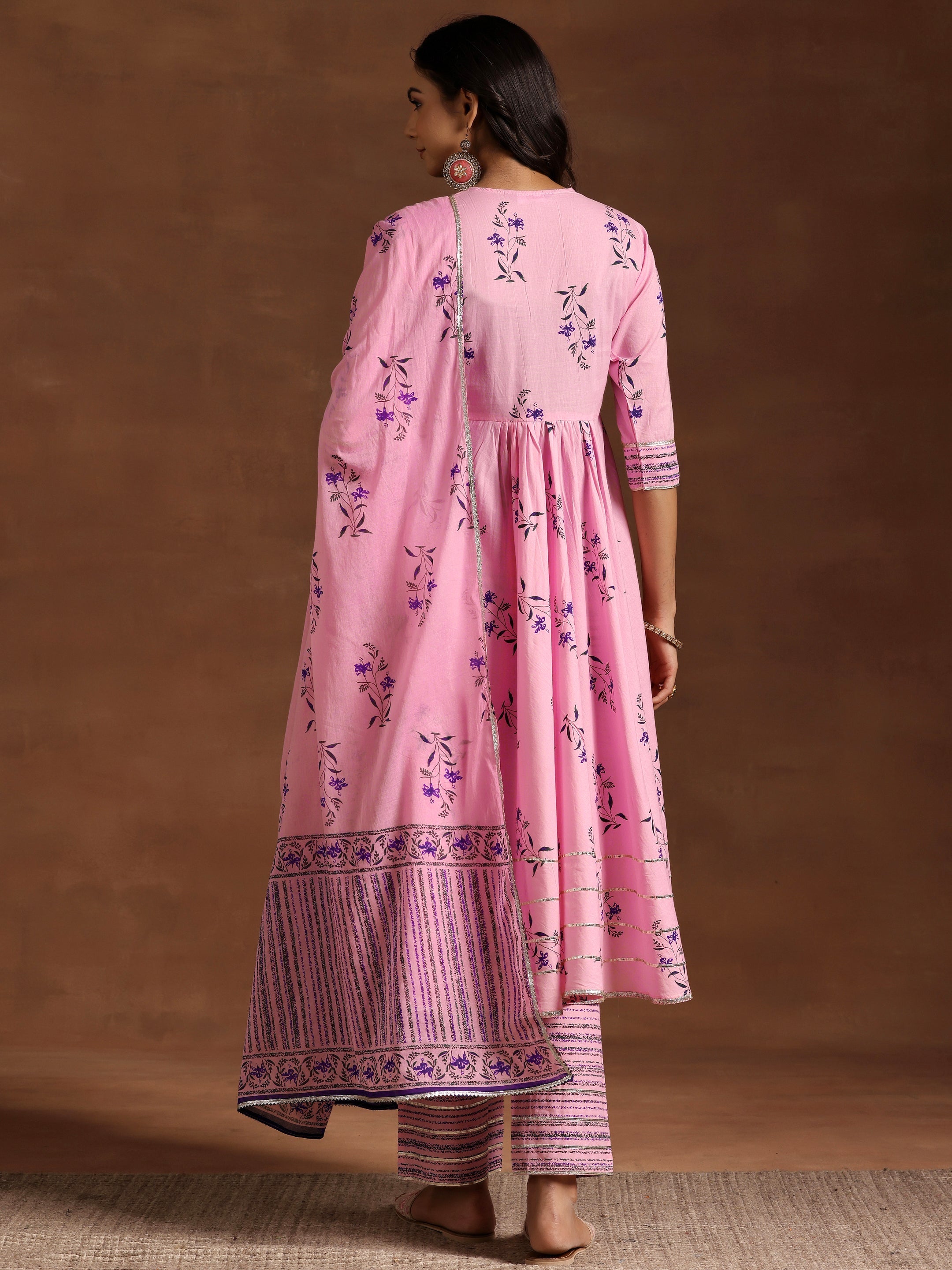 Pink Printed Cotton Anarkali Suit With Dupatta