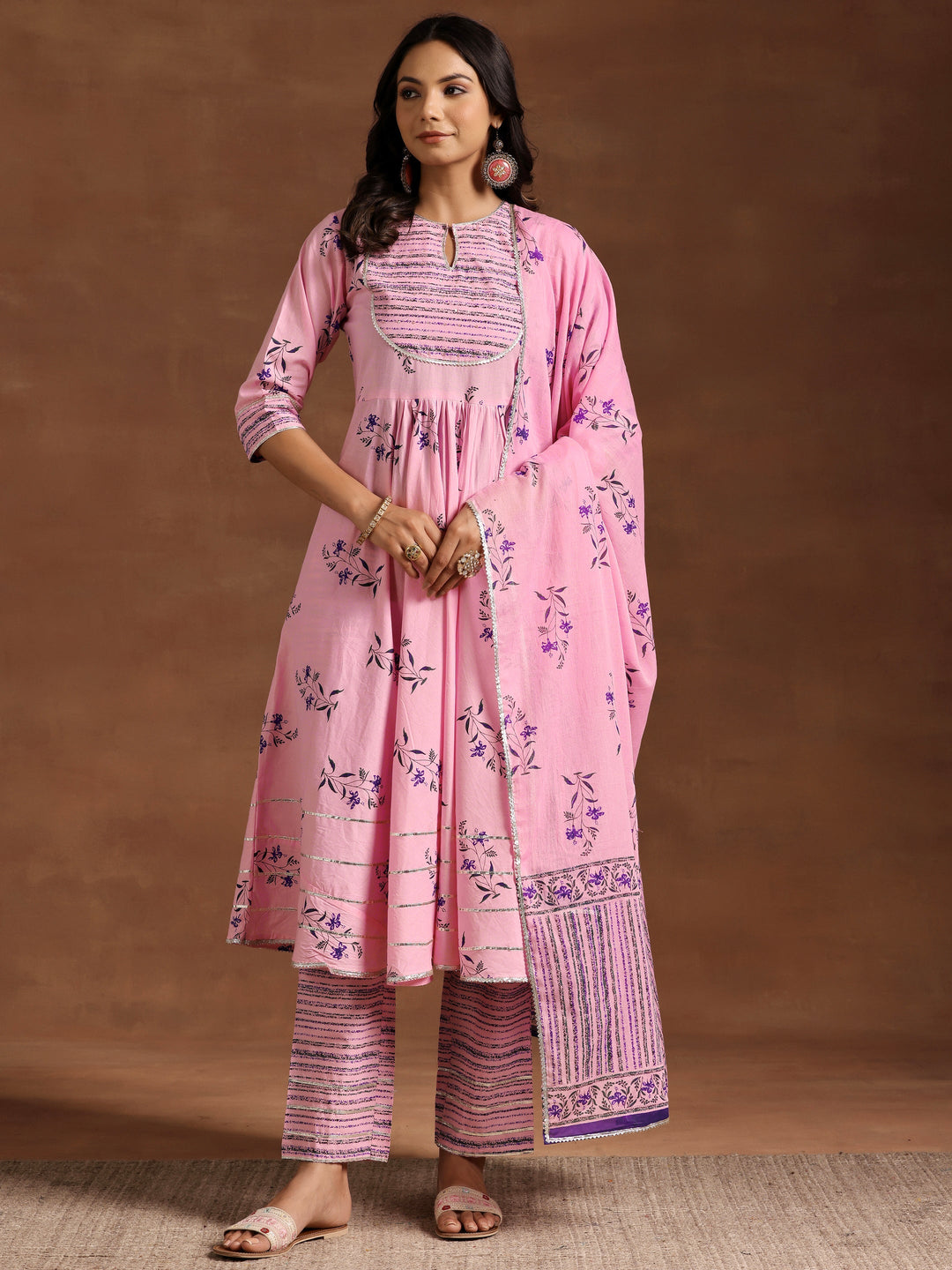 Pink Printed Cotton Anarkali Suit With Dupatta