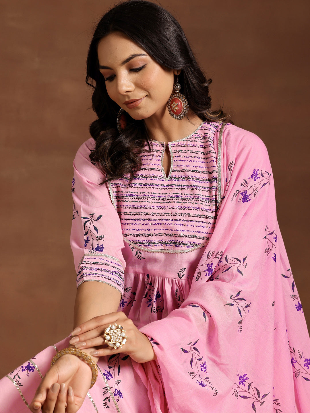 Pink Printed Cotton Anarkali Suit With Dupatta