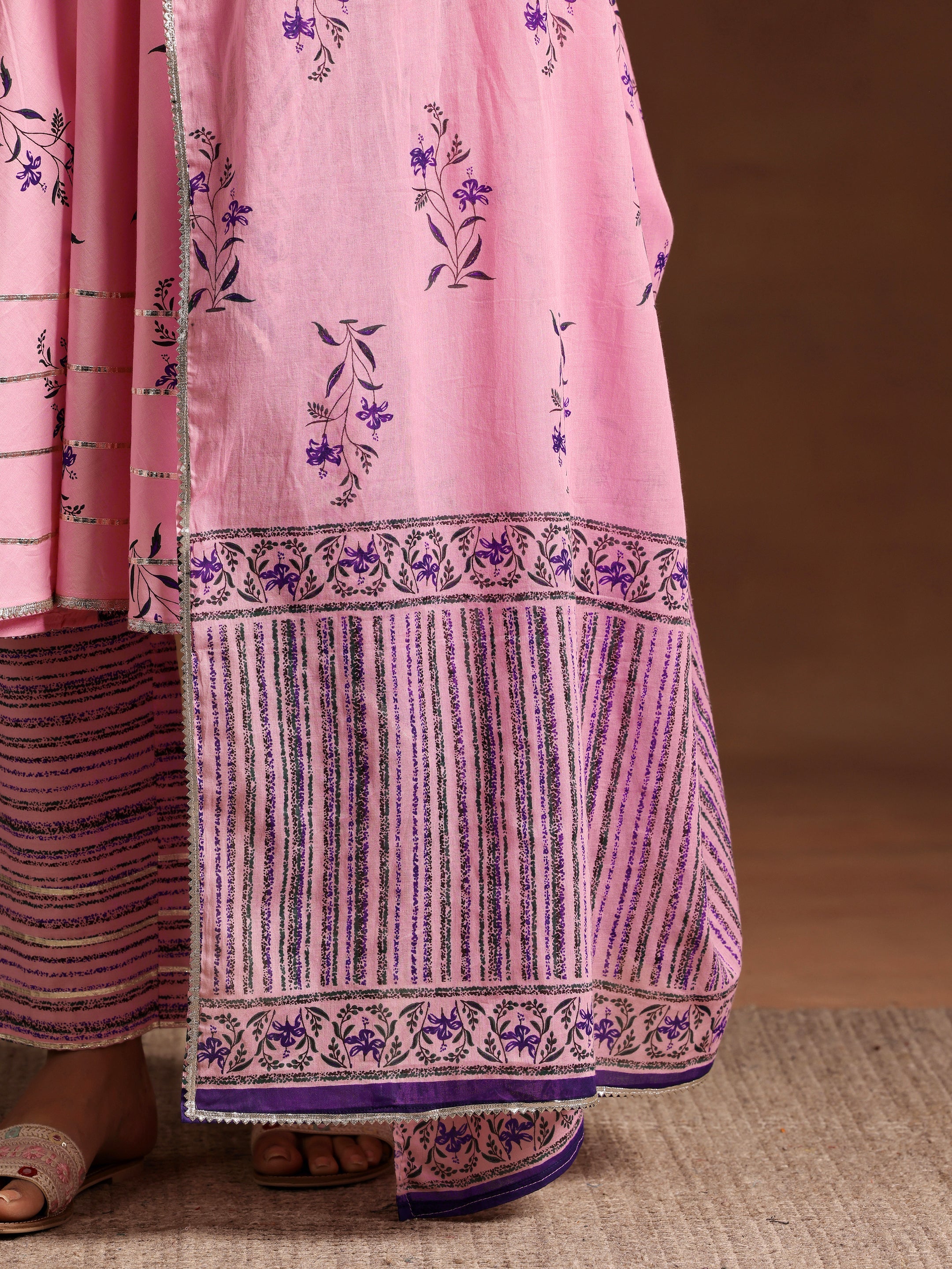 Pink Printed Cotton Anarkali Suit With Dupatta