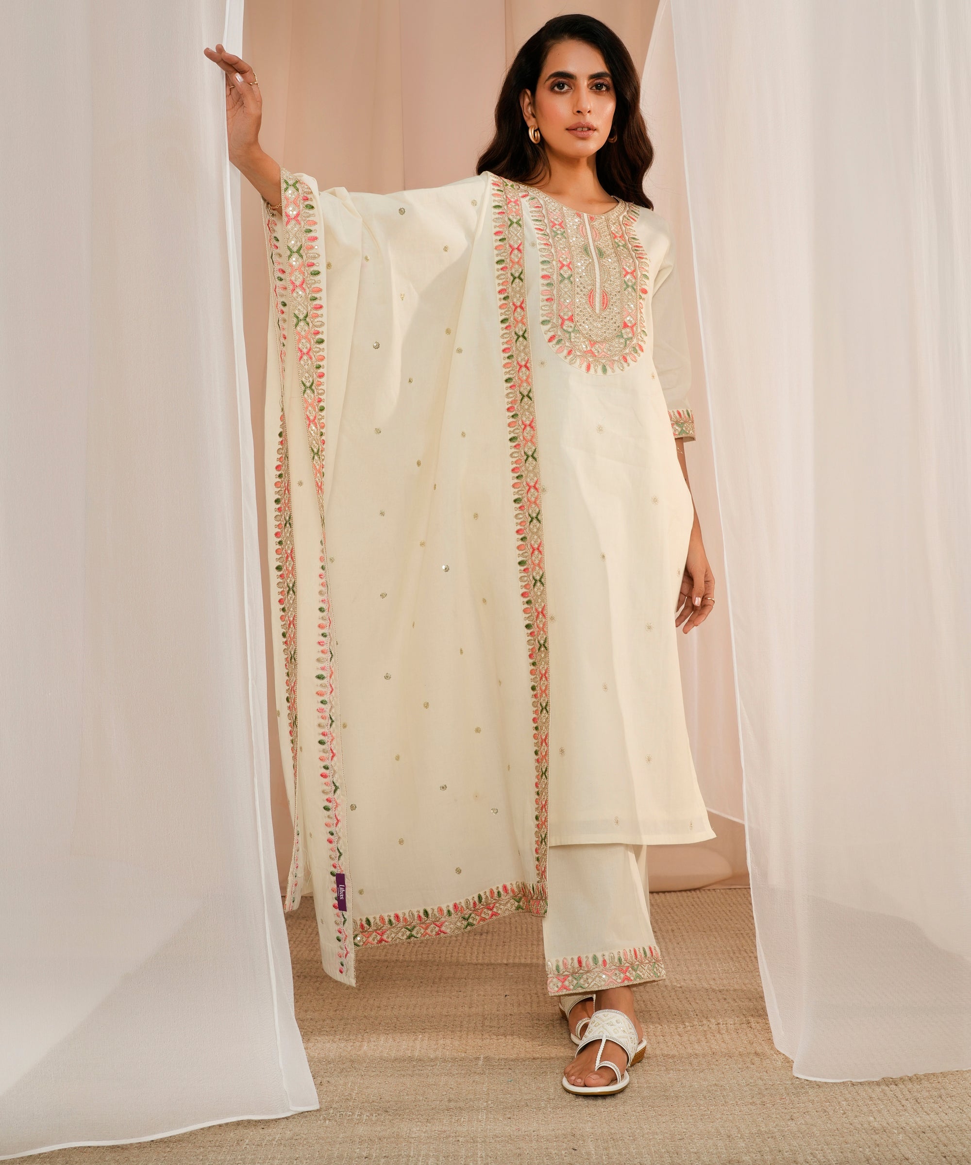 Off White Embroidered Cotton Straight Suit With Dupatta