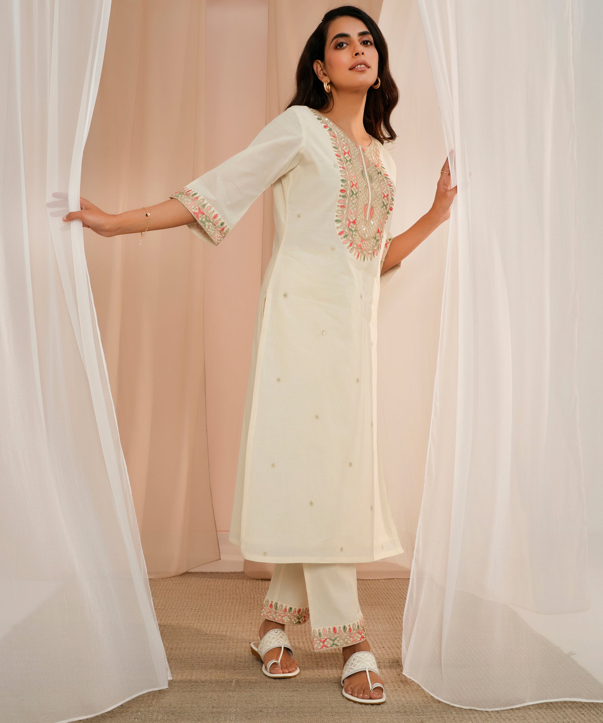 Off White Embroidered Cotton Straight Suit With Dupatta