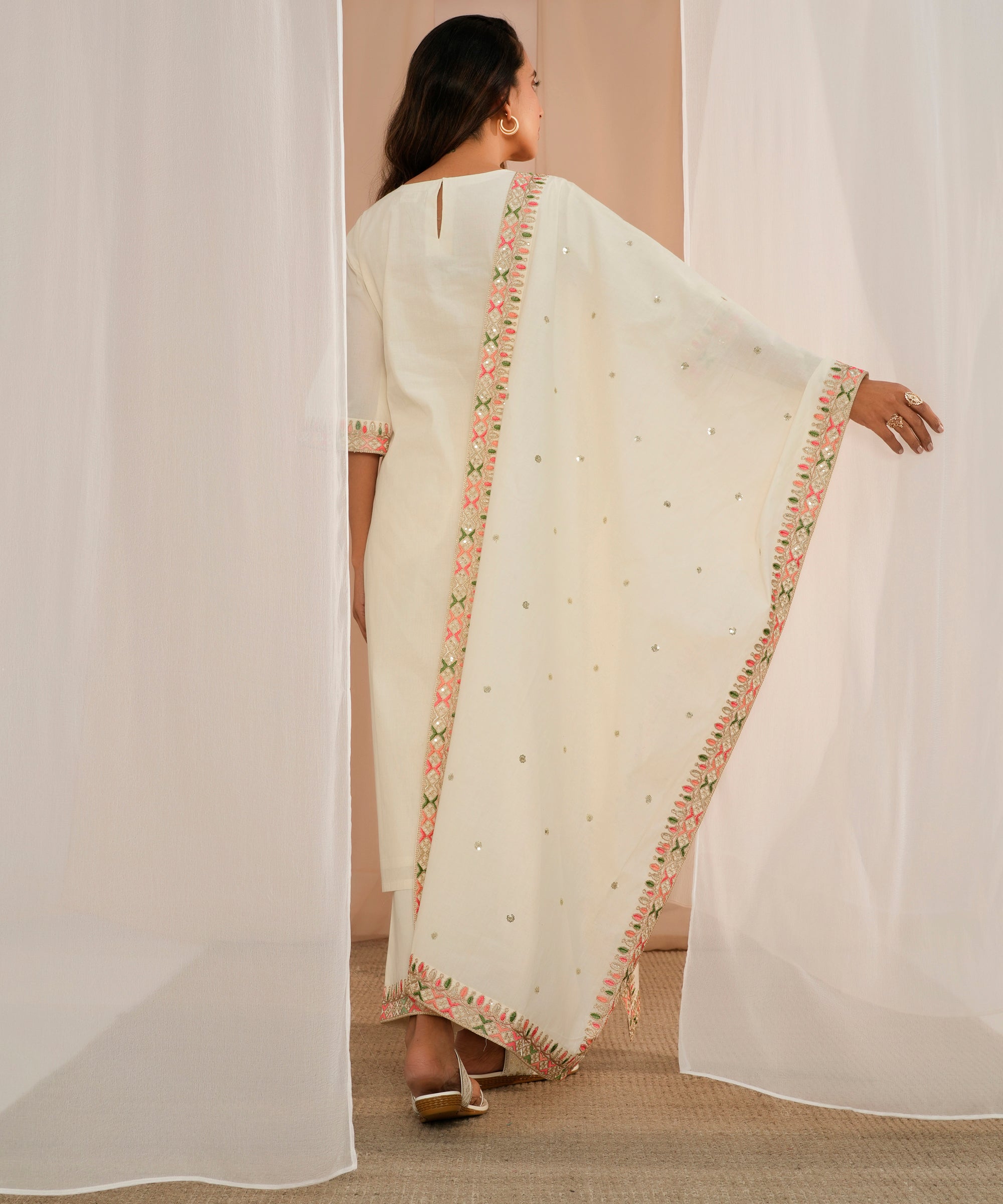 Off White Embroidered Cotton Straight Suit With Dupatta