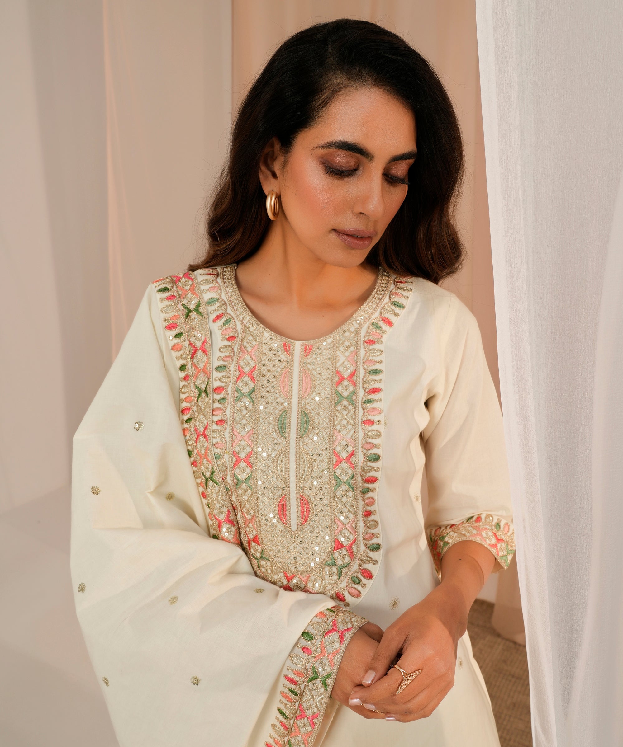 Off White Embroidered Cotton Straight Suit With Dupatta