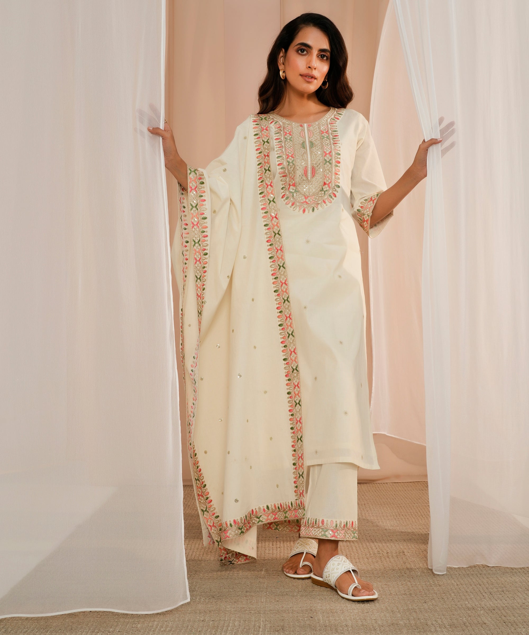 Off White Embroidered Cotton Straight Suit With Dupatta