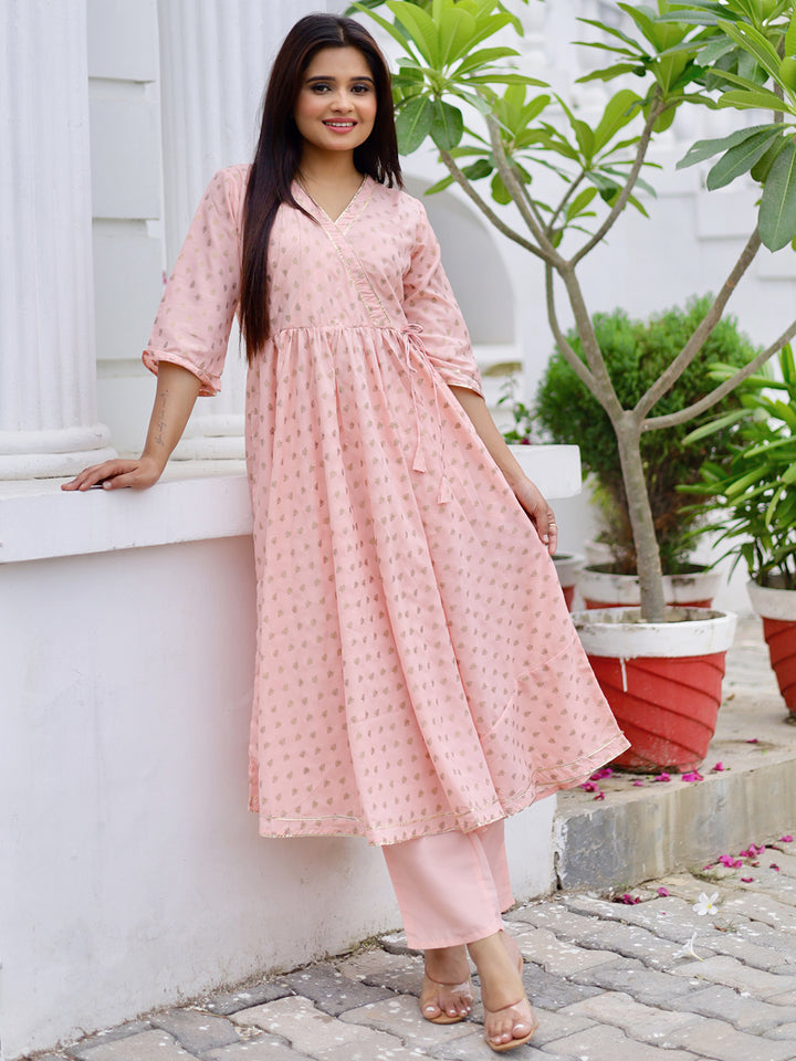 Peach Printed Silk Blend Anarkali Kurta Set