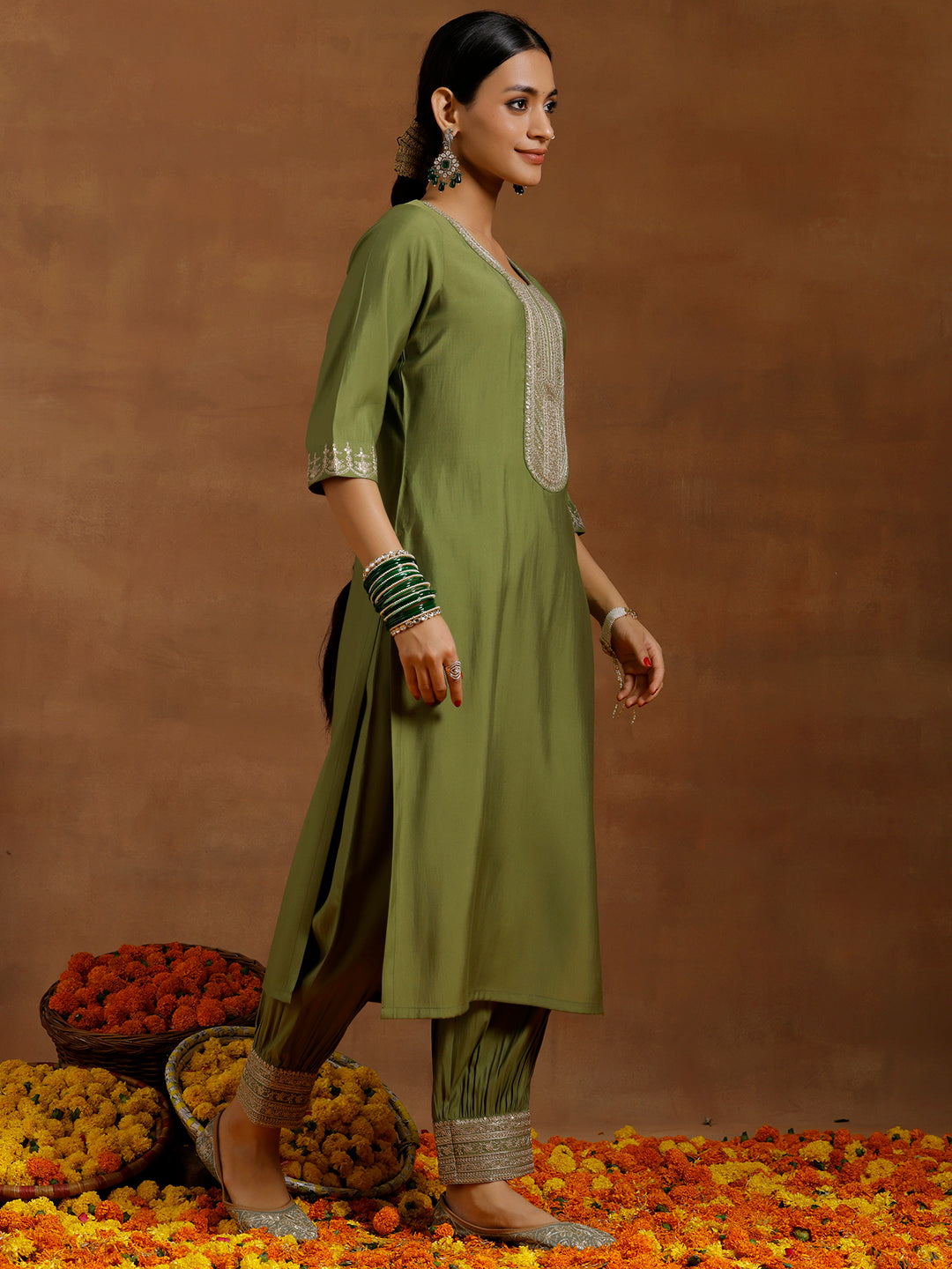 Green Yoke Design Silk Blend Straight Suit With Dupatta