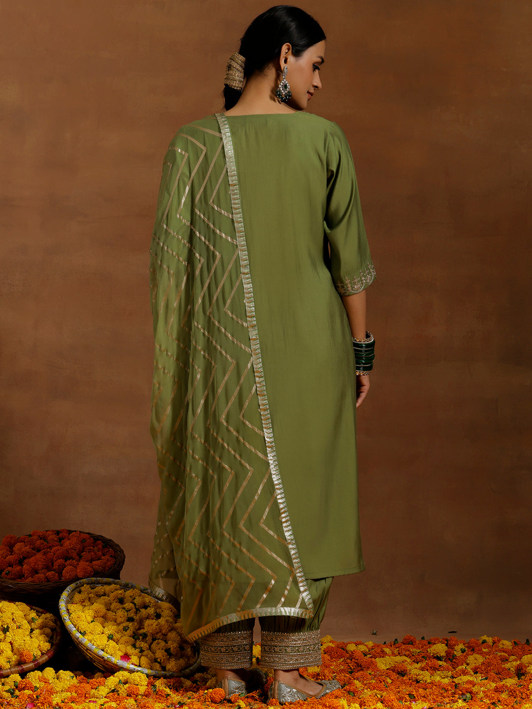 Green Yoke Design Silk Blend Straight Suit With Dupatta