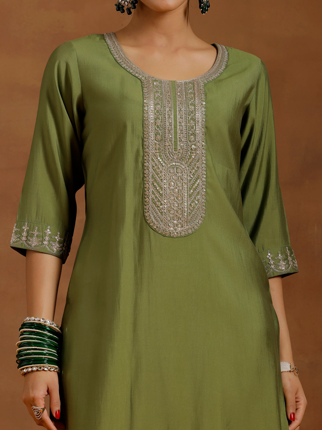 Green Yoke Design Silk Blend Straight Suit With Dupatta