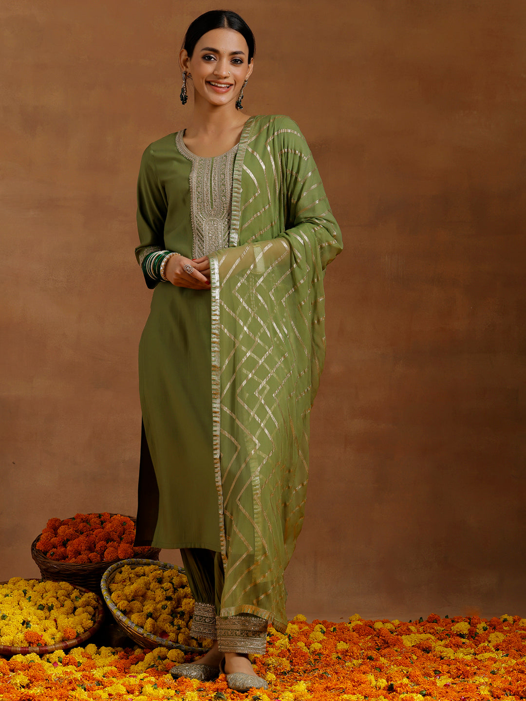 Green Yoke Design Silk Blend Straight Suit With Dupatta