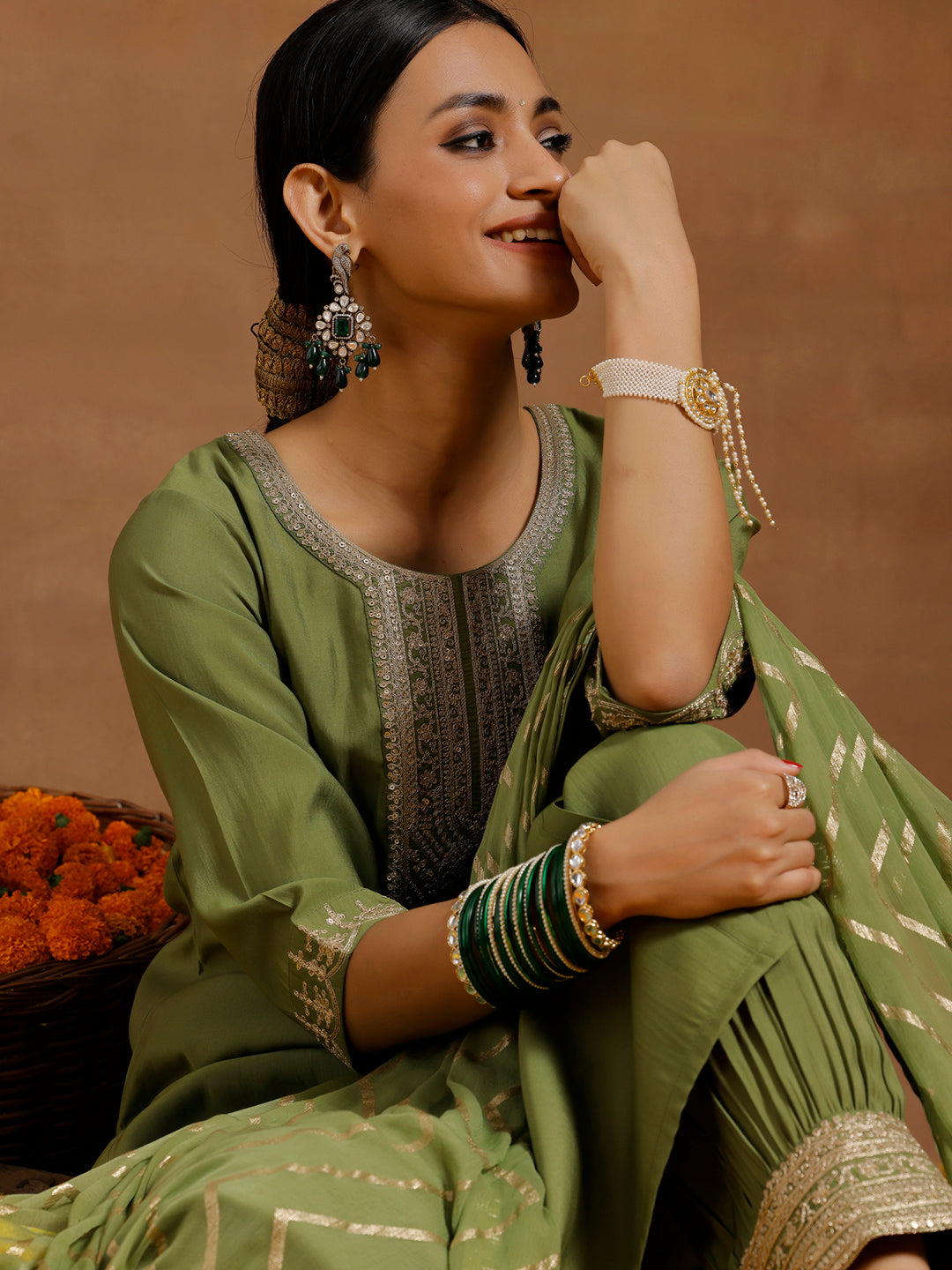 Green Yoke Design Silk Blend Straight Suit With Dupatta