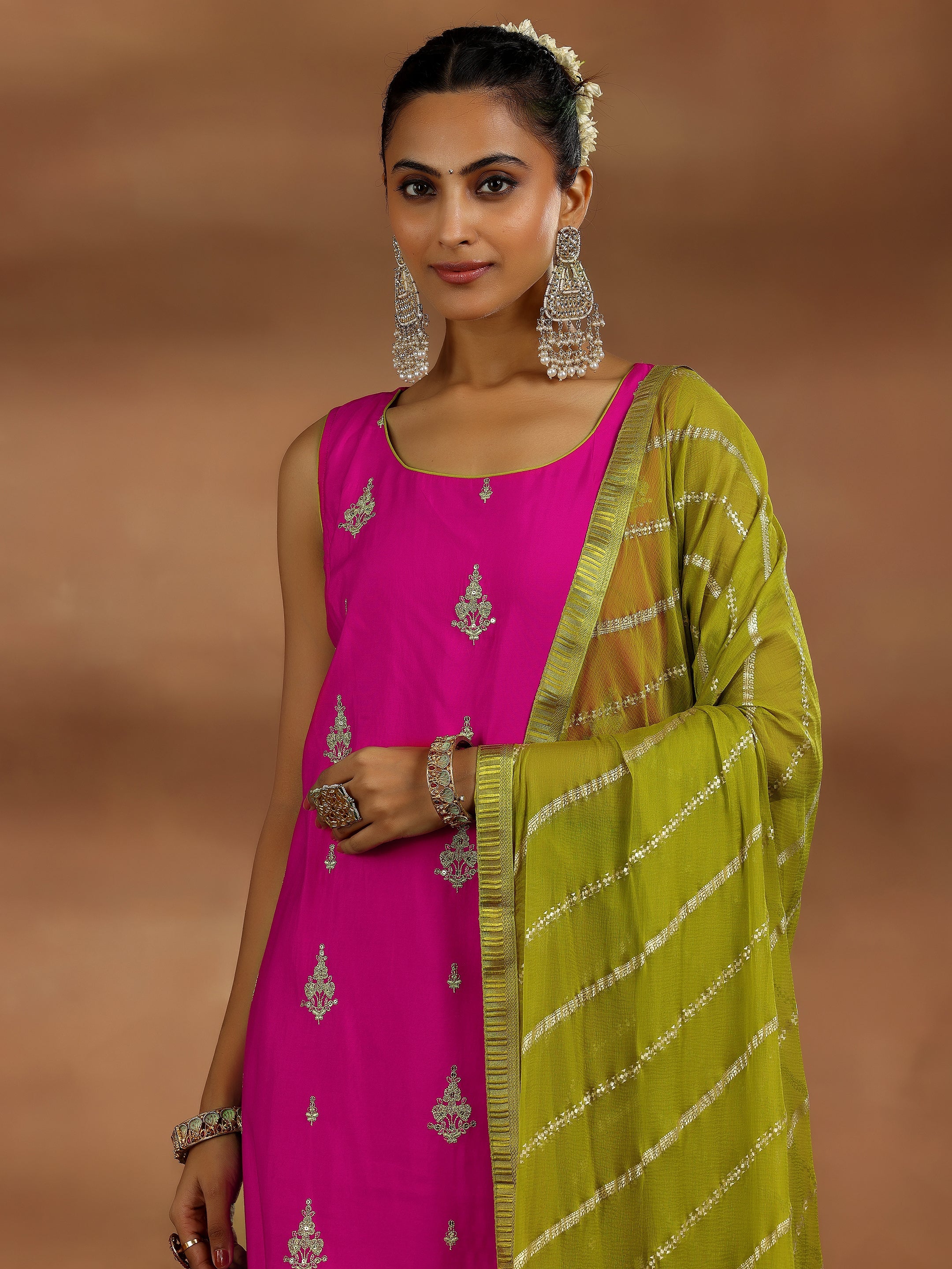 Pink Embroidered Silk Blend Straight Suit With Dupatta