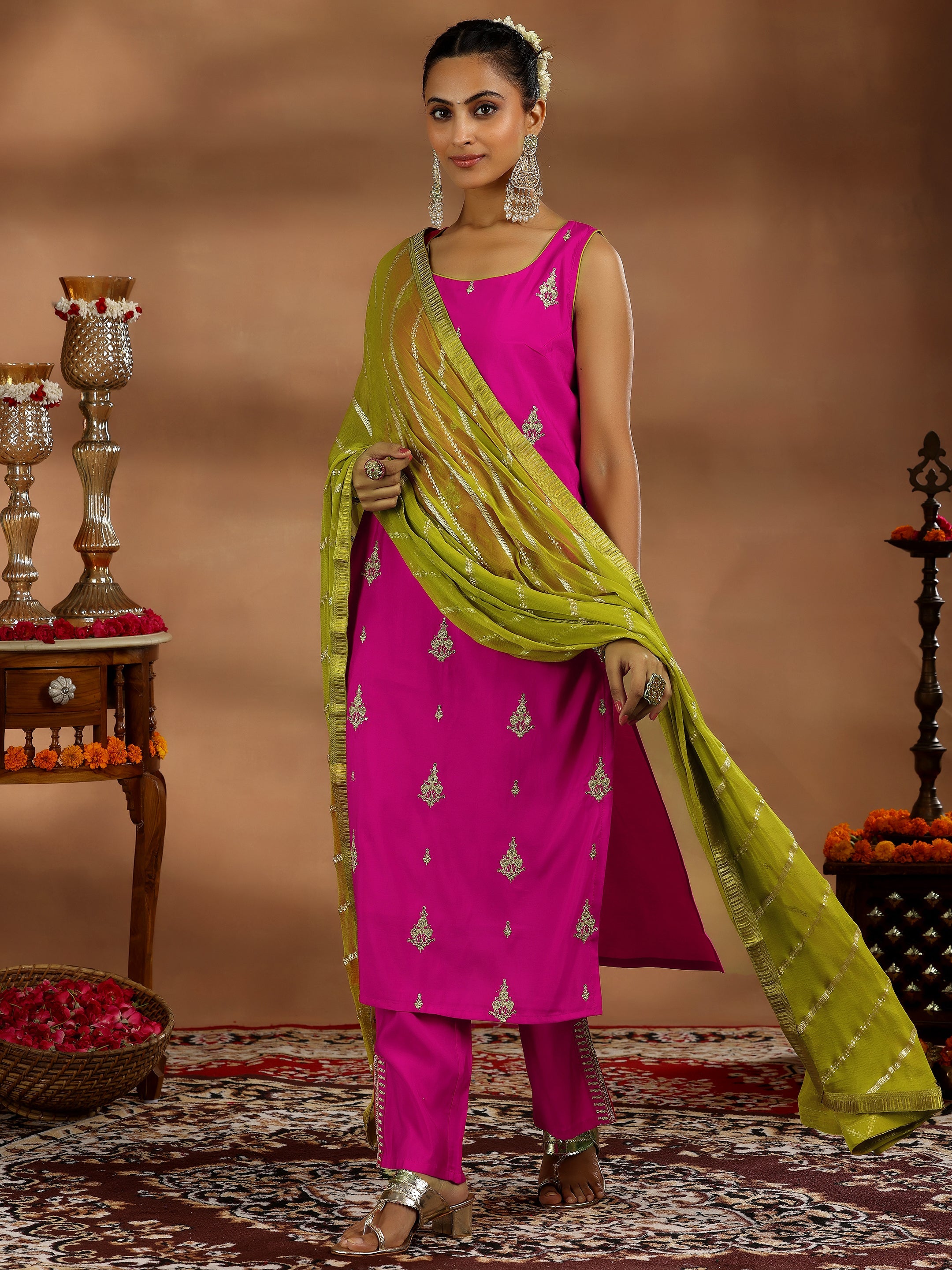 Pink Embroidered Silk Blend Straight Suit With Dupatta